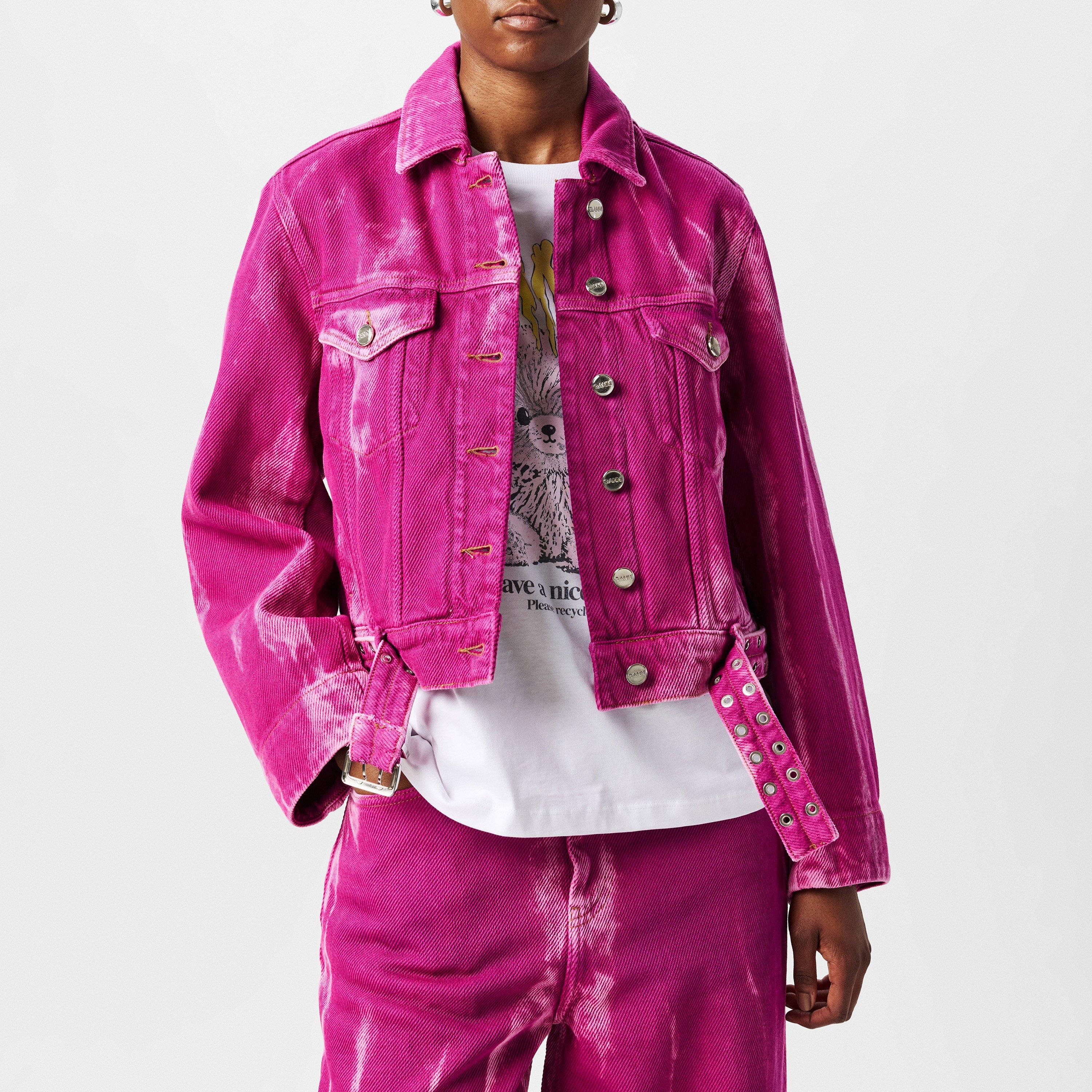 Boysenberry - Ganni - Women's  Heavy Denim Belted Cotton Cropped Long Sleeve Denim Jacket - 3