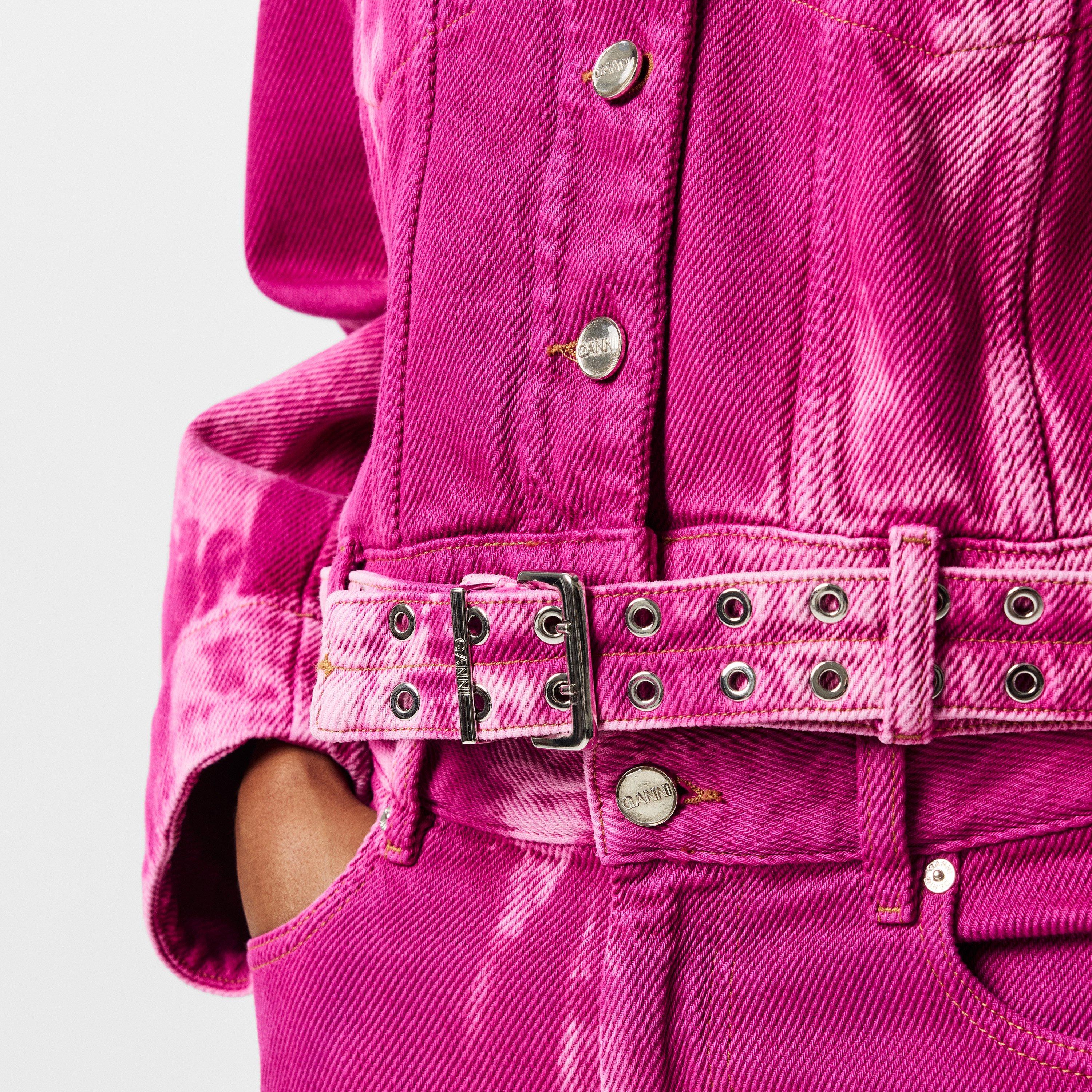 Boysenberry - Ganni - Women's  Heavy Denim Belted Cotton Cropped Long Sleeve Denim Jacket - 5