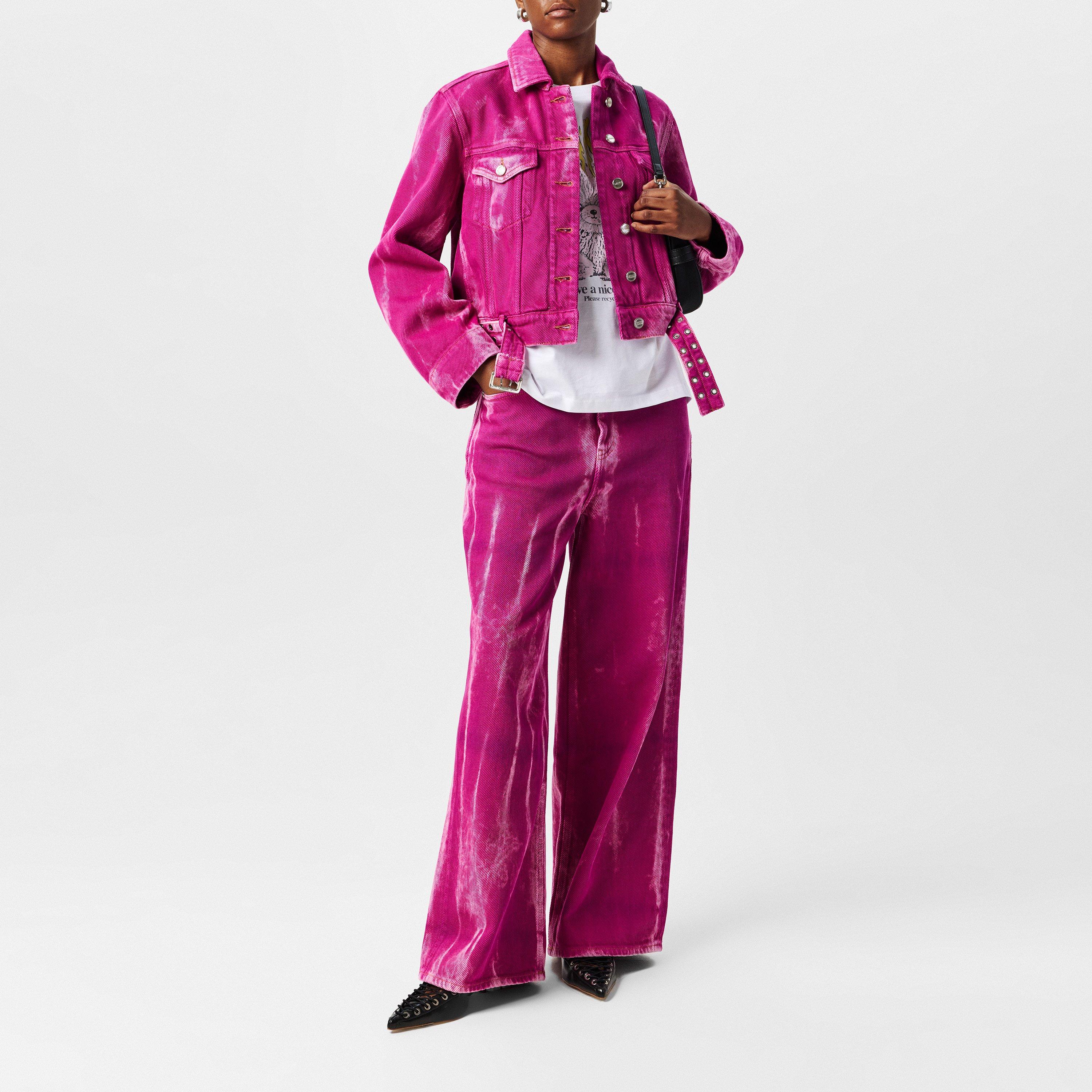 Boysenberry - Ganni - Women's  Heavy Denim Belted Cotton Cropped Long Sleeve Denim Jacket - 6