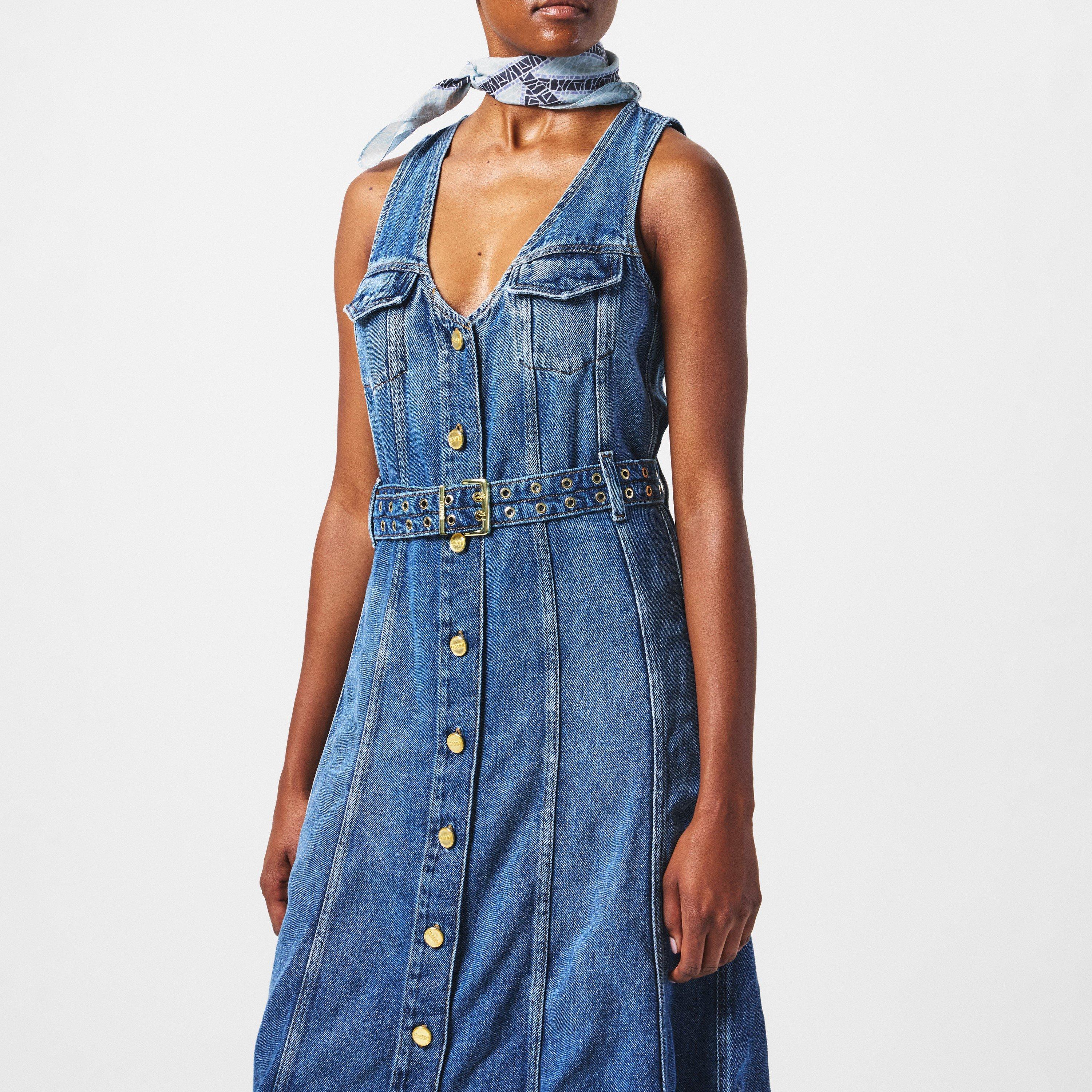 Mid Blu Vintage - Ganni - Women's Belted Denim A Line Dress - 3