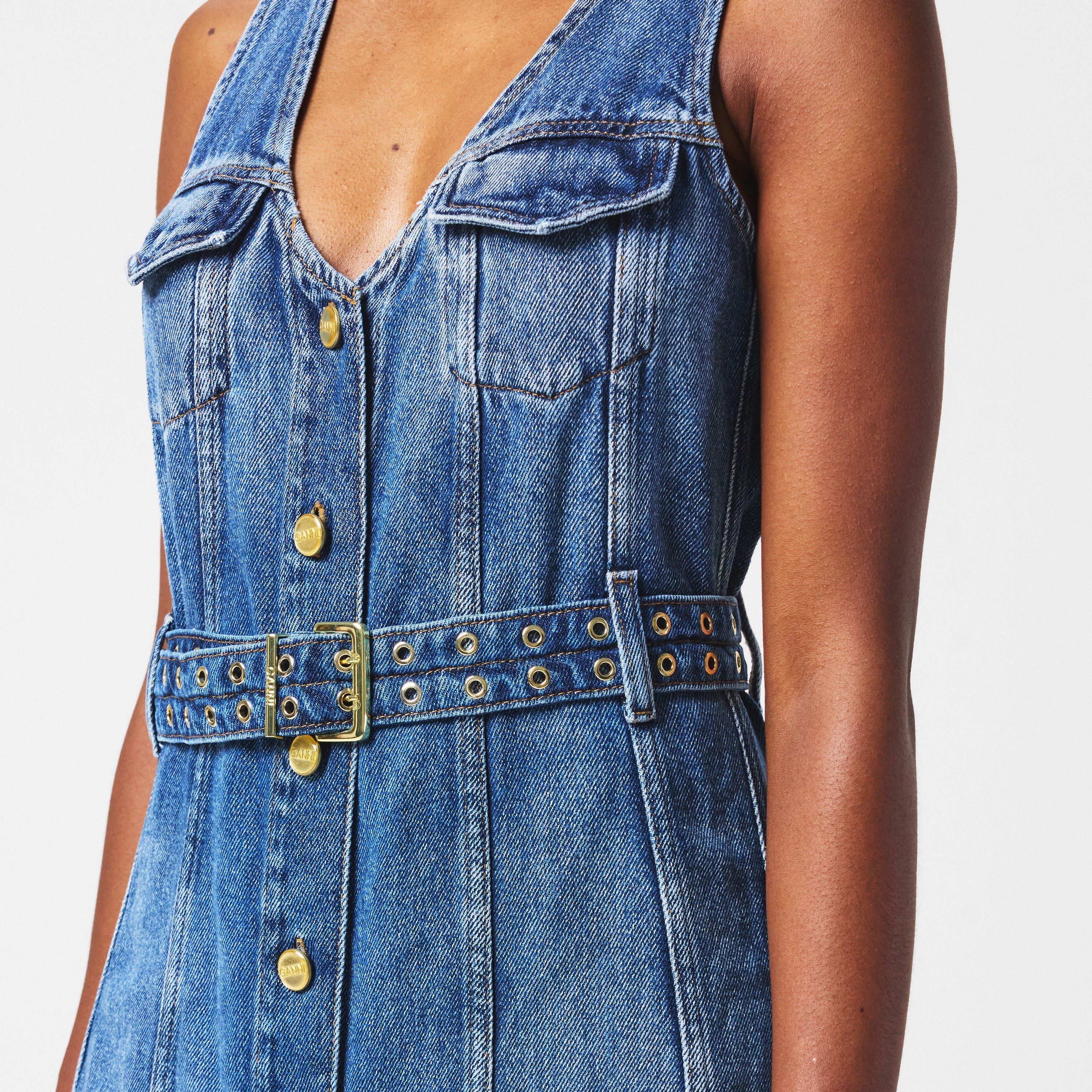 Mid Blu Vintage - Ganni - Women's Belted Denim A Line Dress - 5
