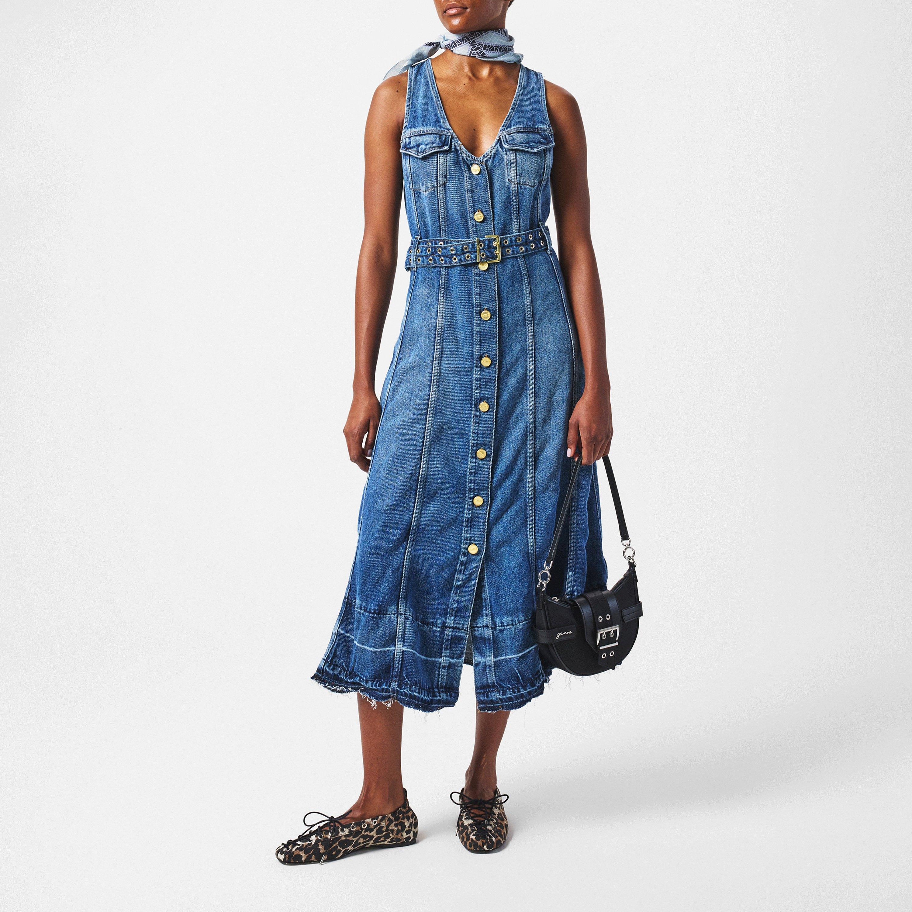 Mid Blu Vintage - Ganni - Women's Belted Denim A Line Dress - 6