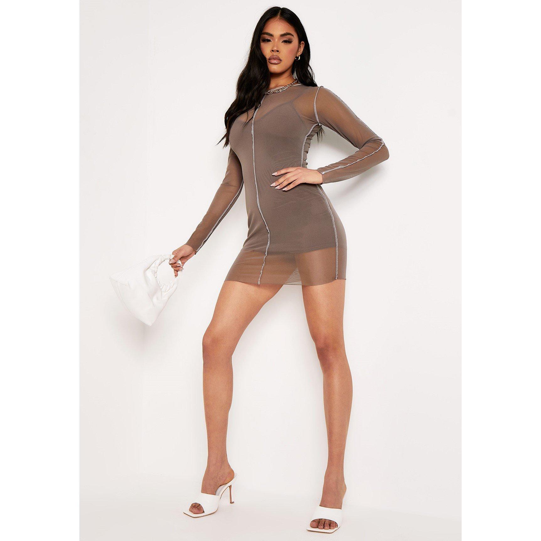 Missy Empire Women's Mesh Contrast Stitch Mini Dress - Khaki - 6 (2XS)