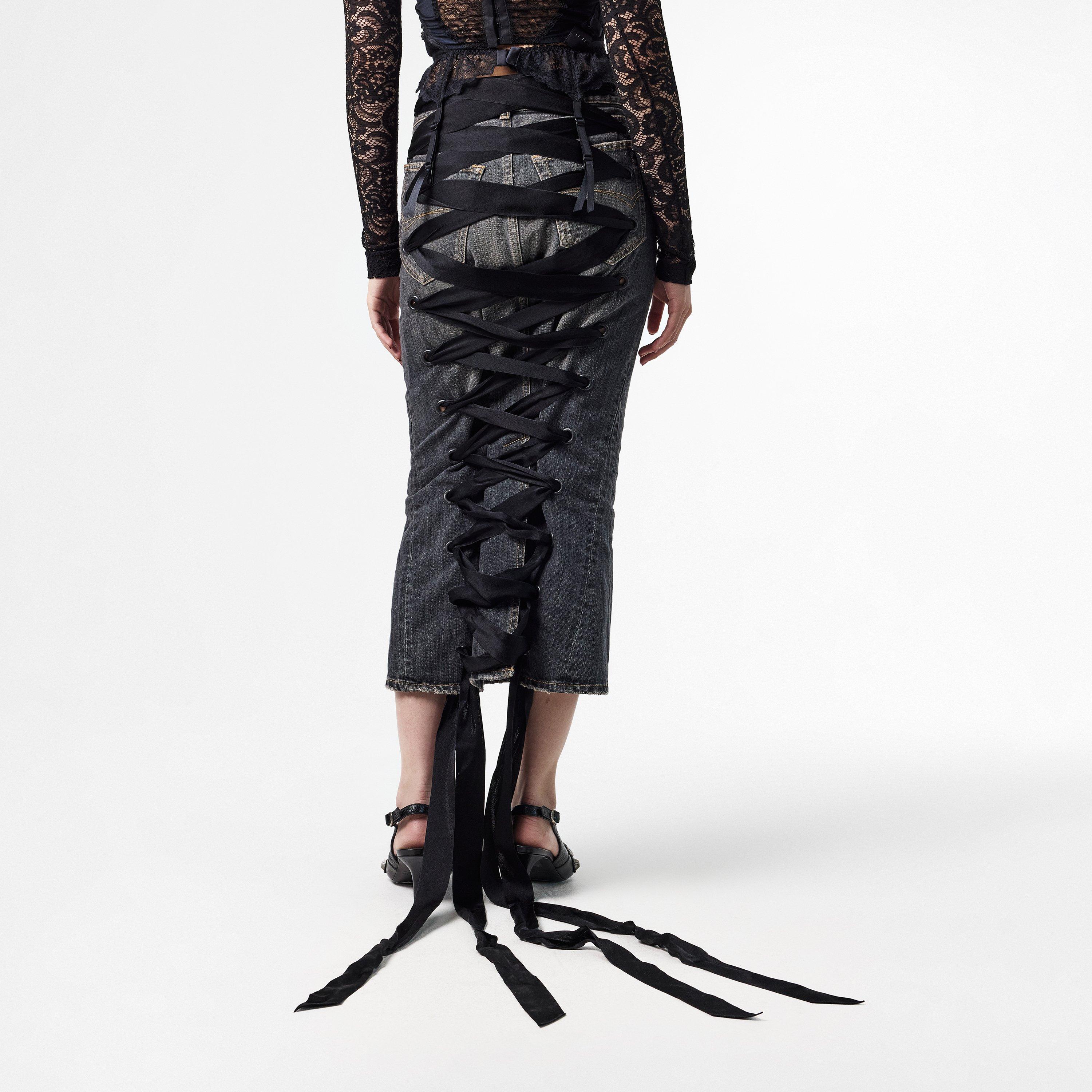 Dark Grey - Balenciaga - Women's Lace-Up Denim Skirt - 4