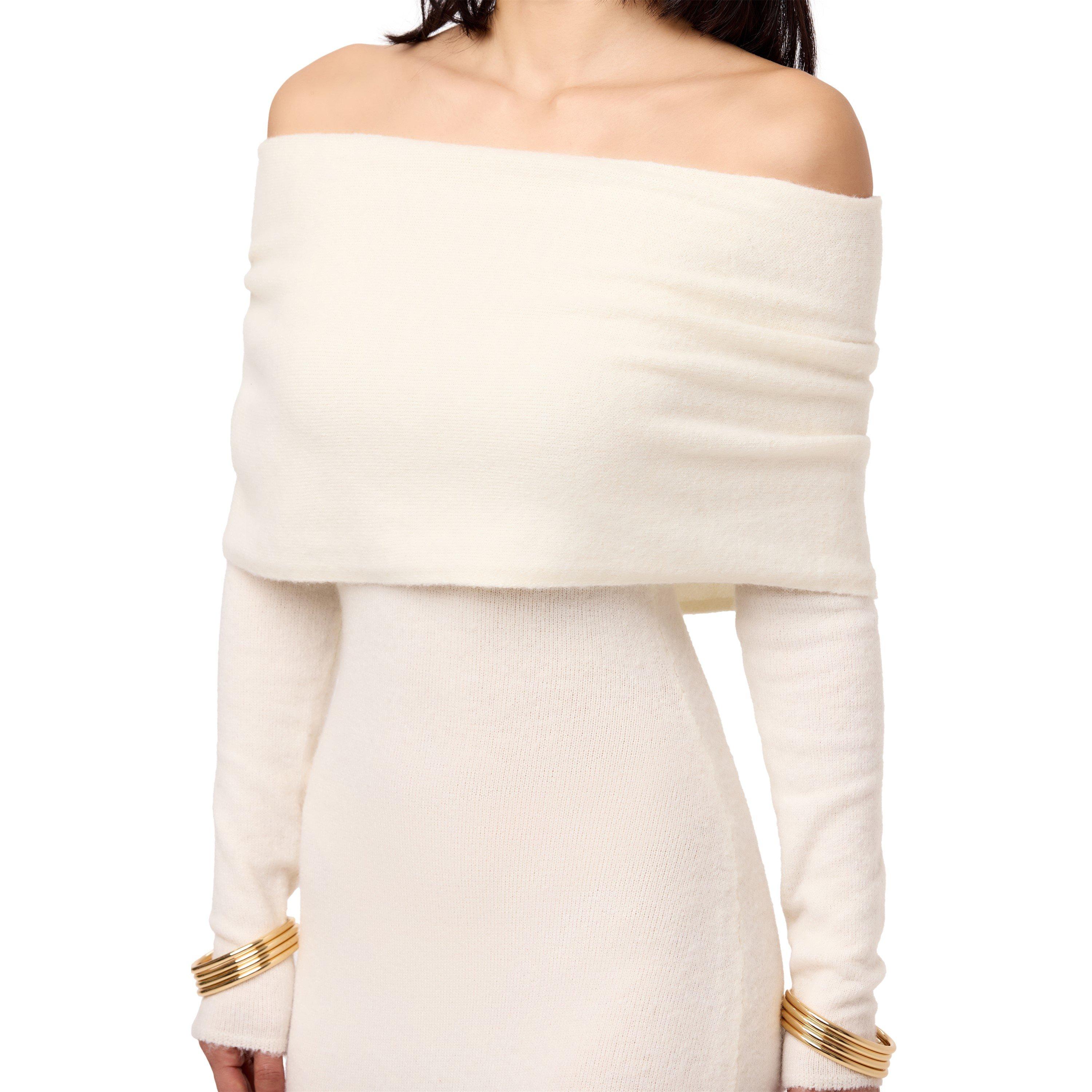 Cream - Naked Wardrobe - Boucle Knit Off-Shoulder Maxi Dress - 2