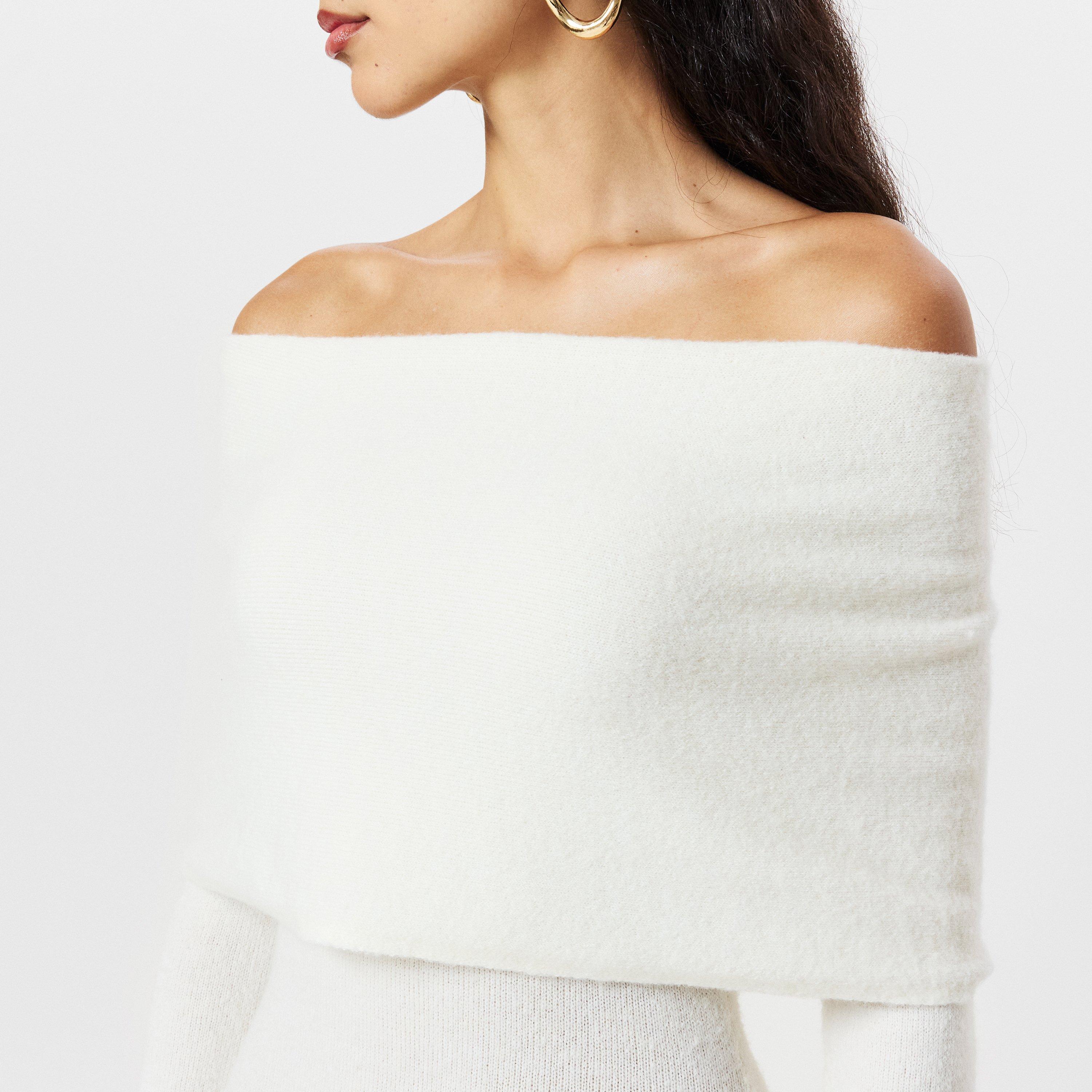 Cream - Naked Wardrobe - Boucle Knit Off-Shoulder Maxi Dress - 5