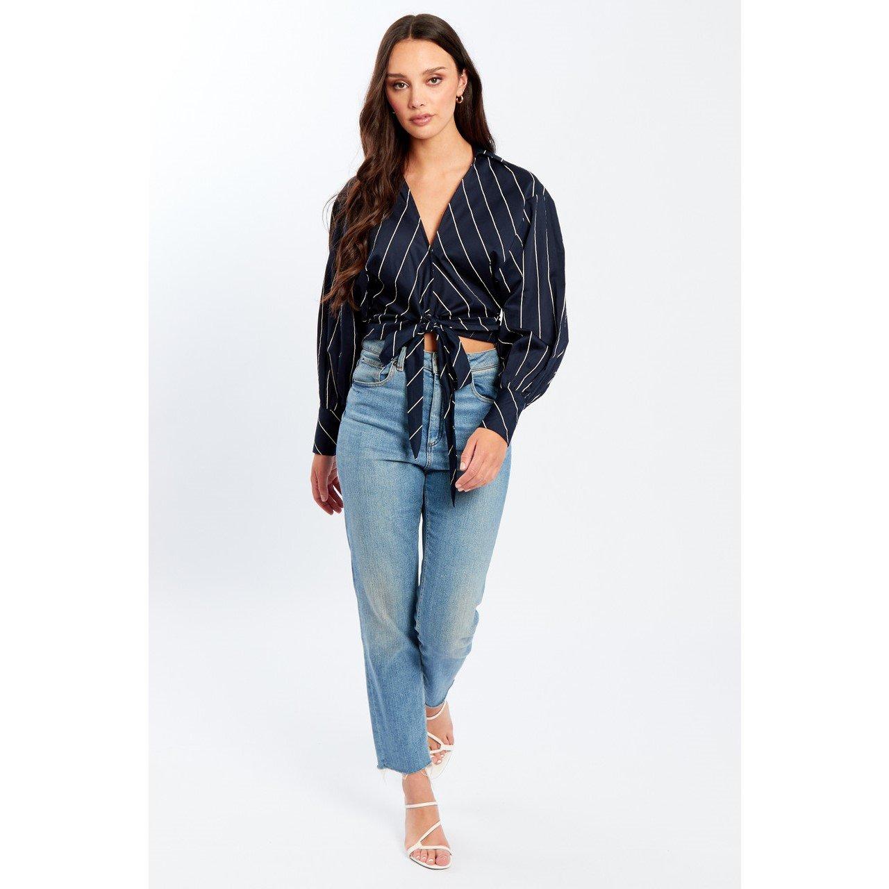 Influence Women's Tie Front Long-Sleeve Patterned Shirt - Navy - 6 (2XS)