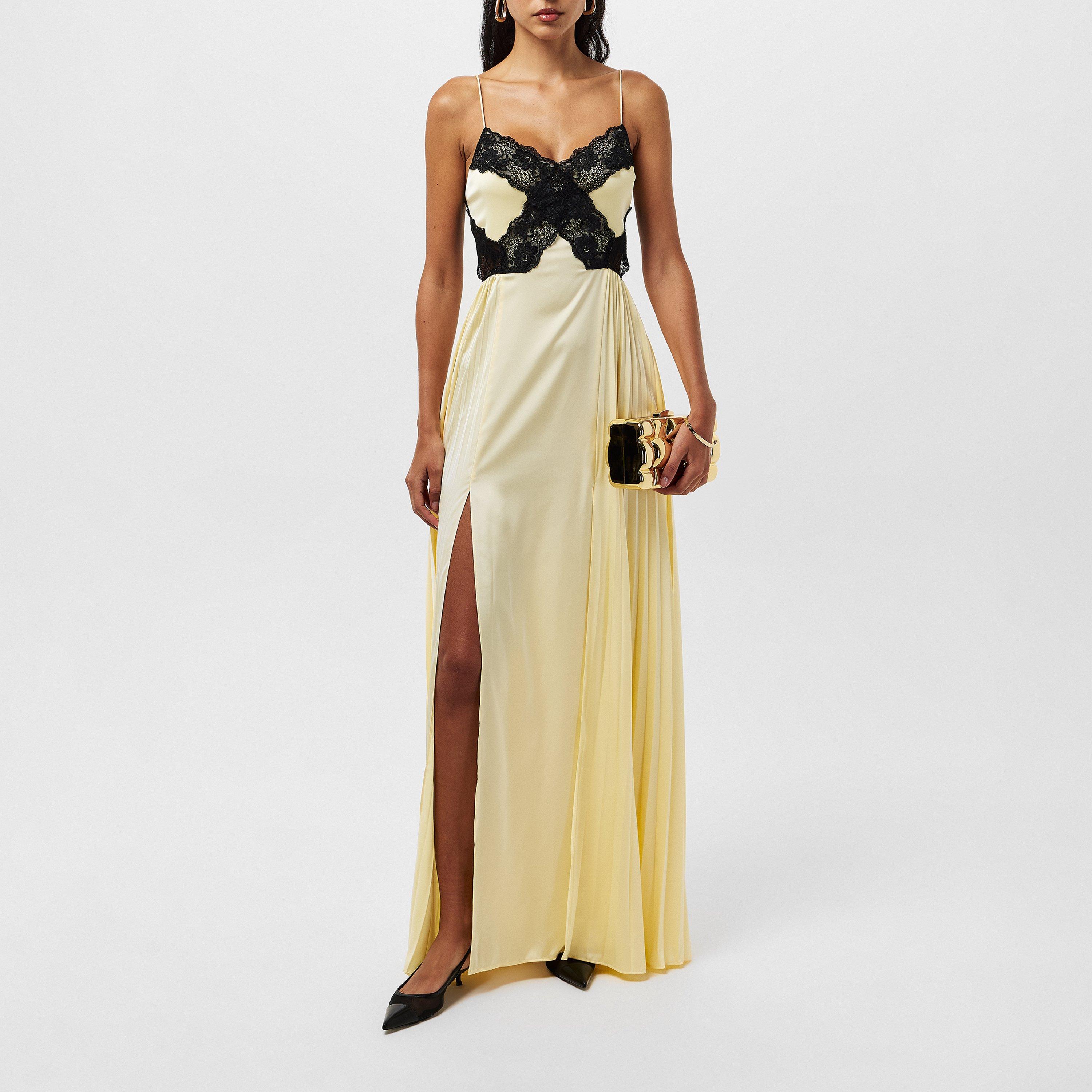chinese dress ladies Brown Satin Lace Maxi Dress – self-portrait