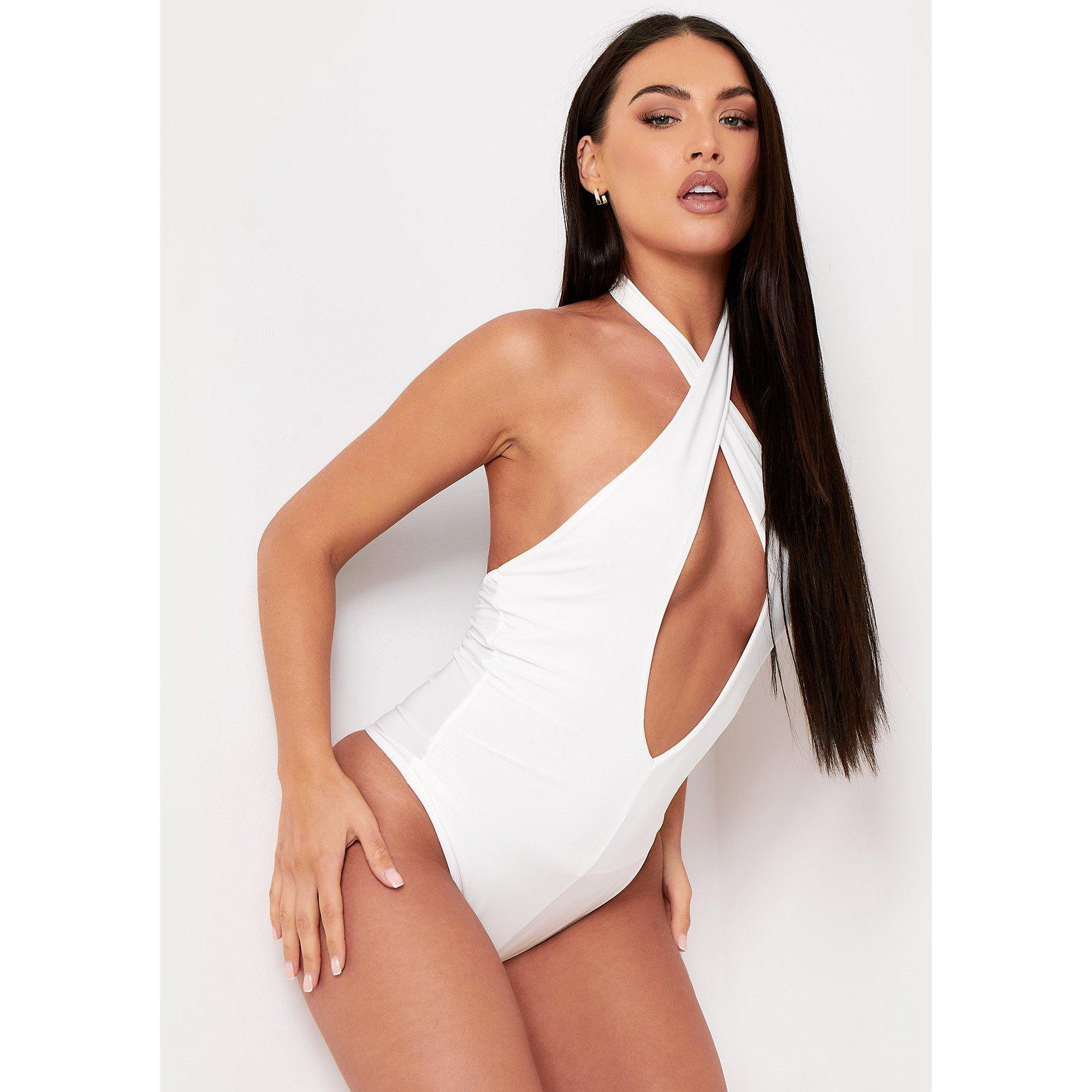 Missy Empire Women's Deep Plunge Cross Front Cut Out Halterneck Bodysuit - Ivory - 6 (2XS)