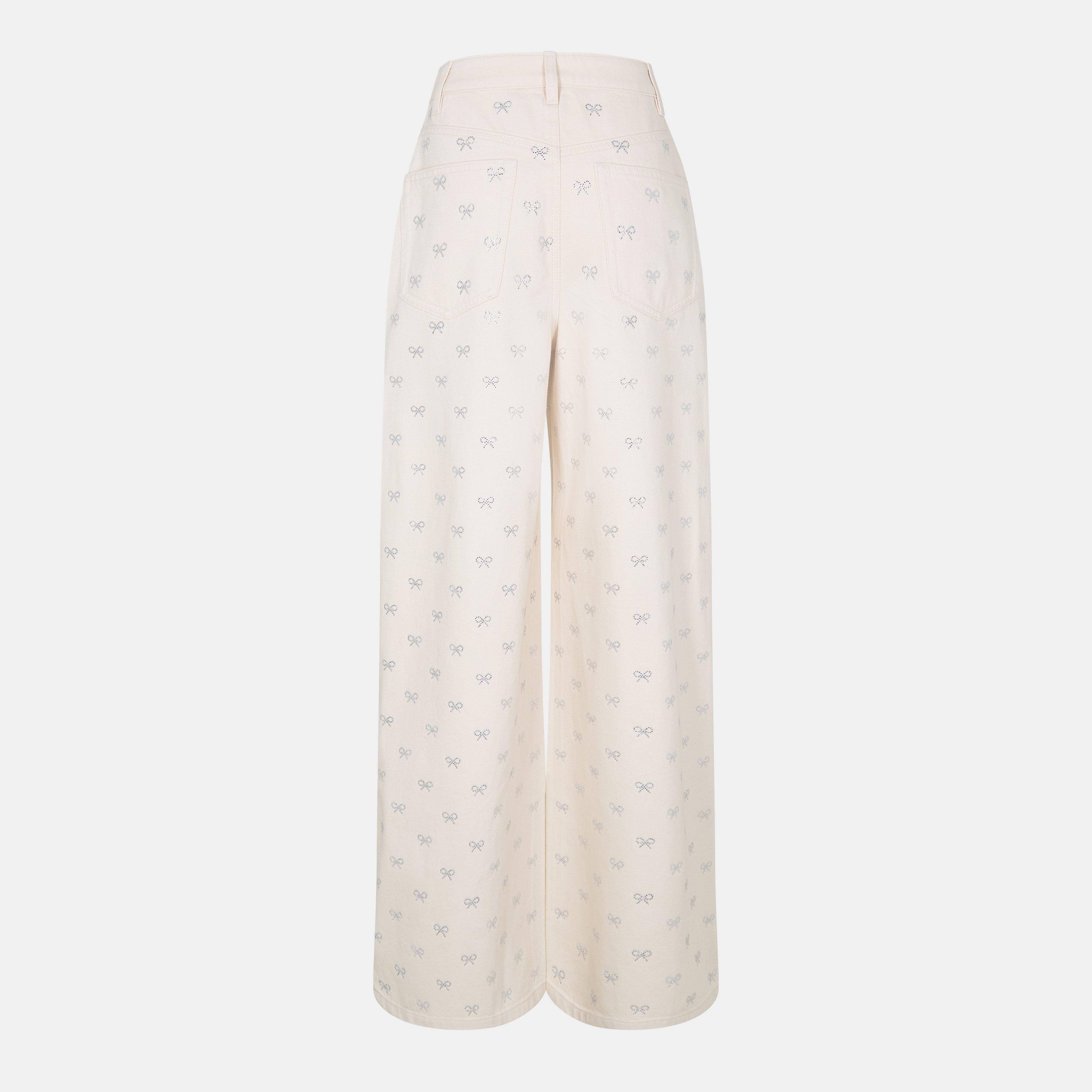 CREAM - Self Portrait - Women's Diamante Wide Leg Jeans - 2