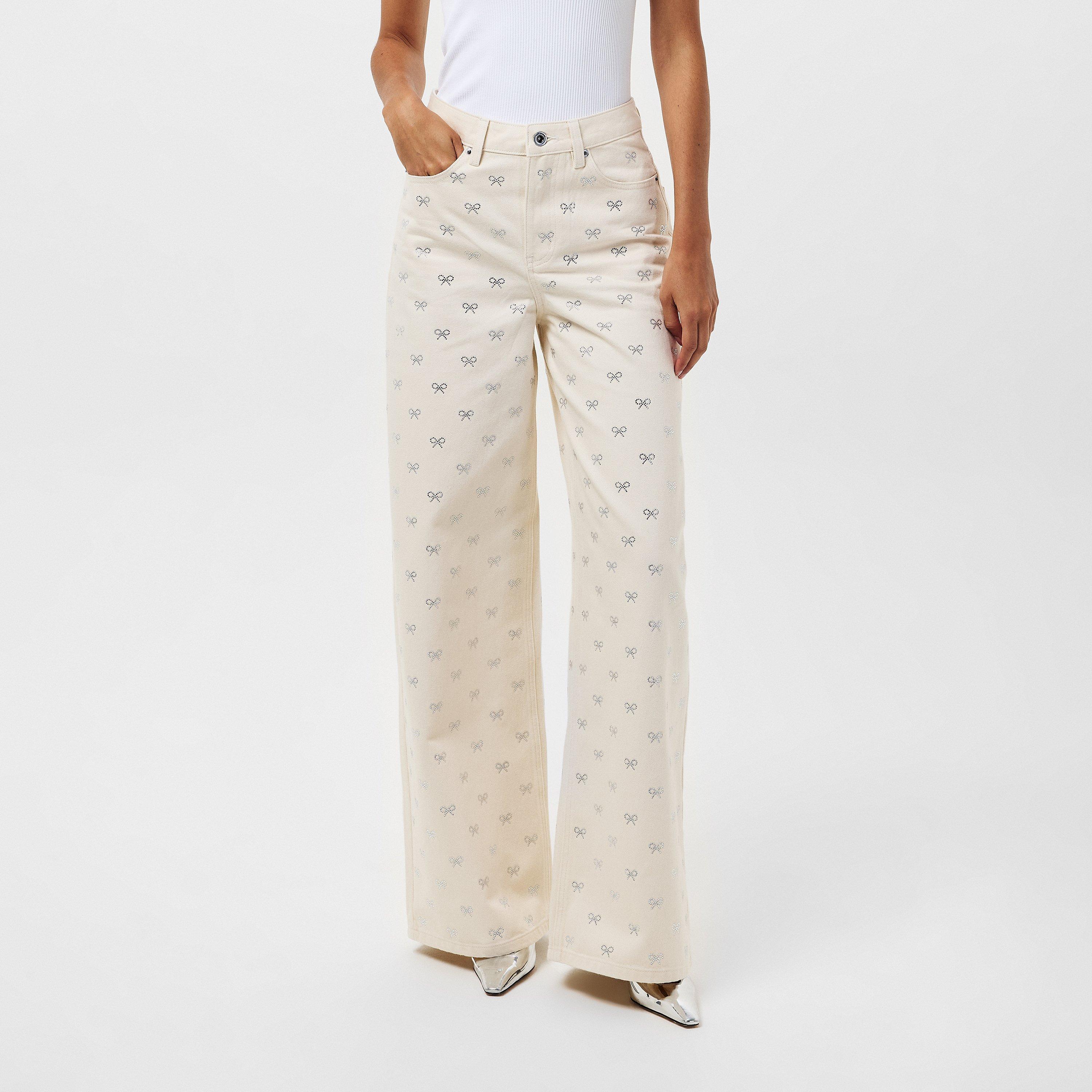 CREAM - Self Portrait - Women's Diamante Wide Leg Jeans - 3
