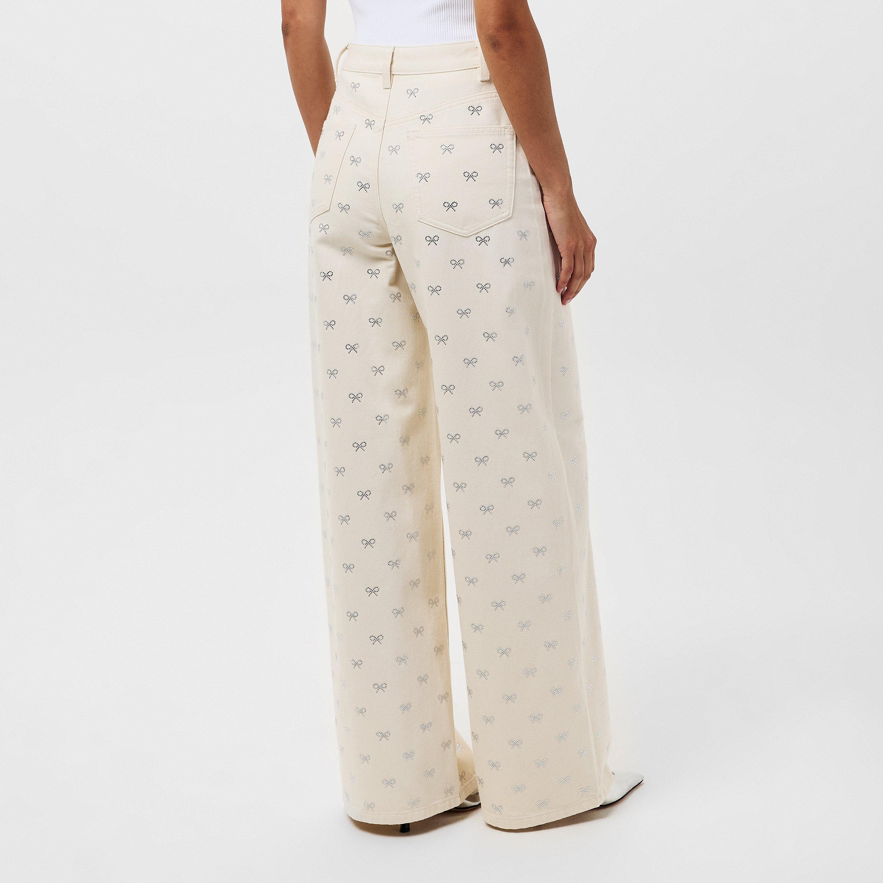 CREAM - Self Portrait - Women's Diamante Wide Leg Jeans - 4