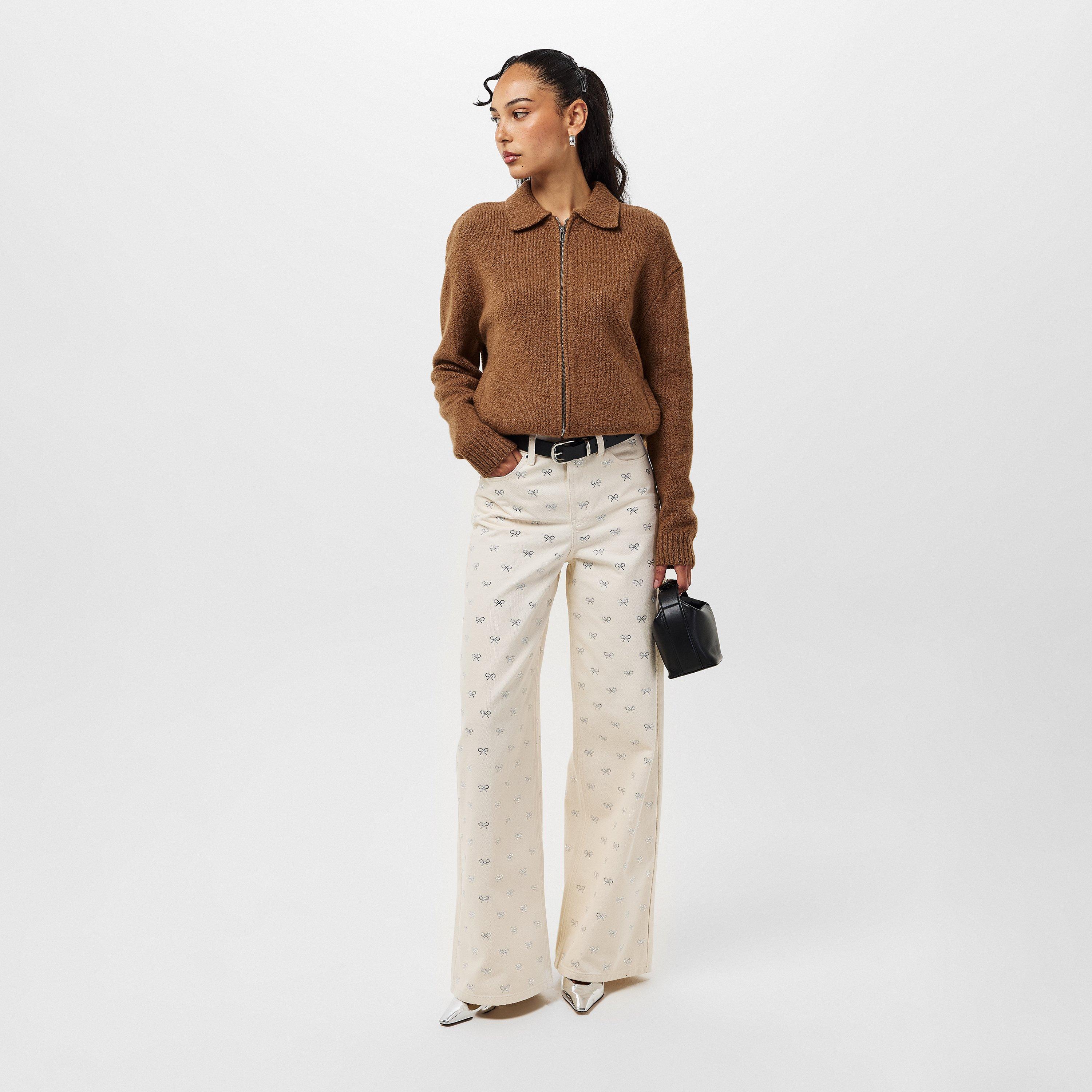 CREAM - Self Portrait - Women's Diamante Wide Leg Jeans - 6