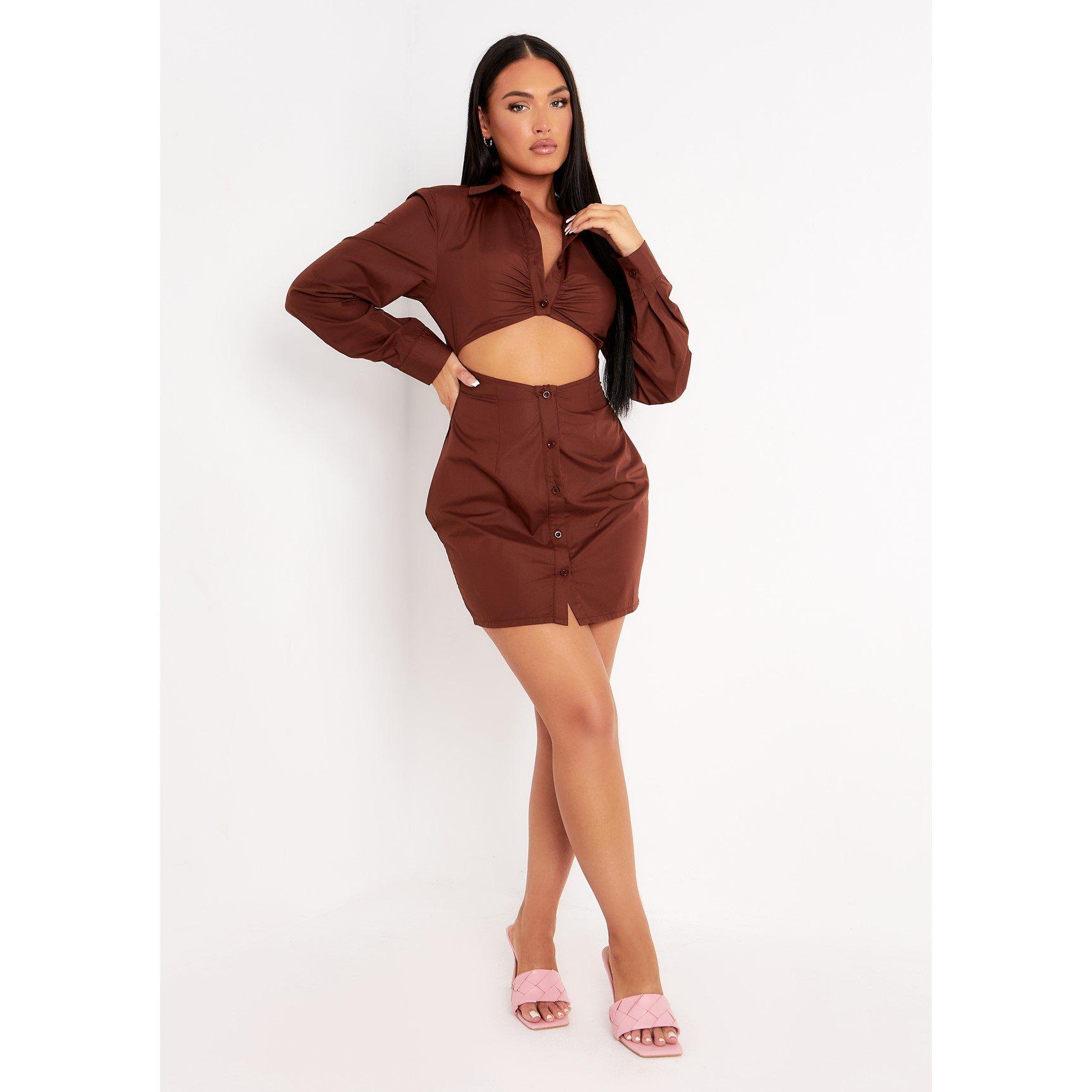 Chocolate - Missy Empire - Cut-out Detail Mini Fitted Shirt Dress