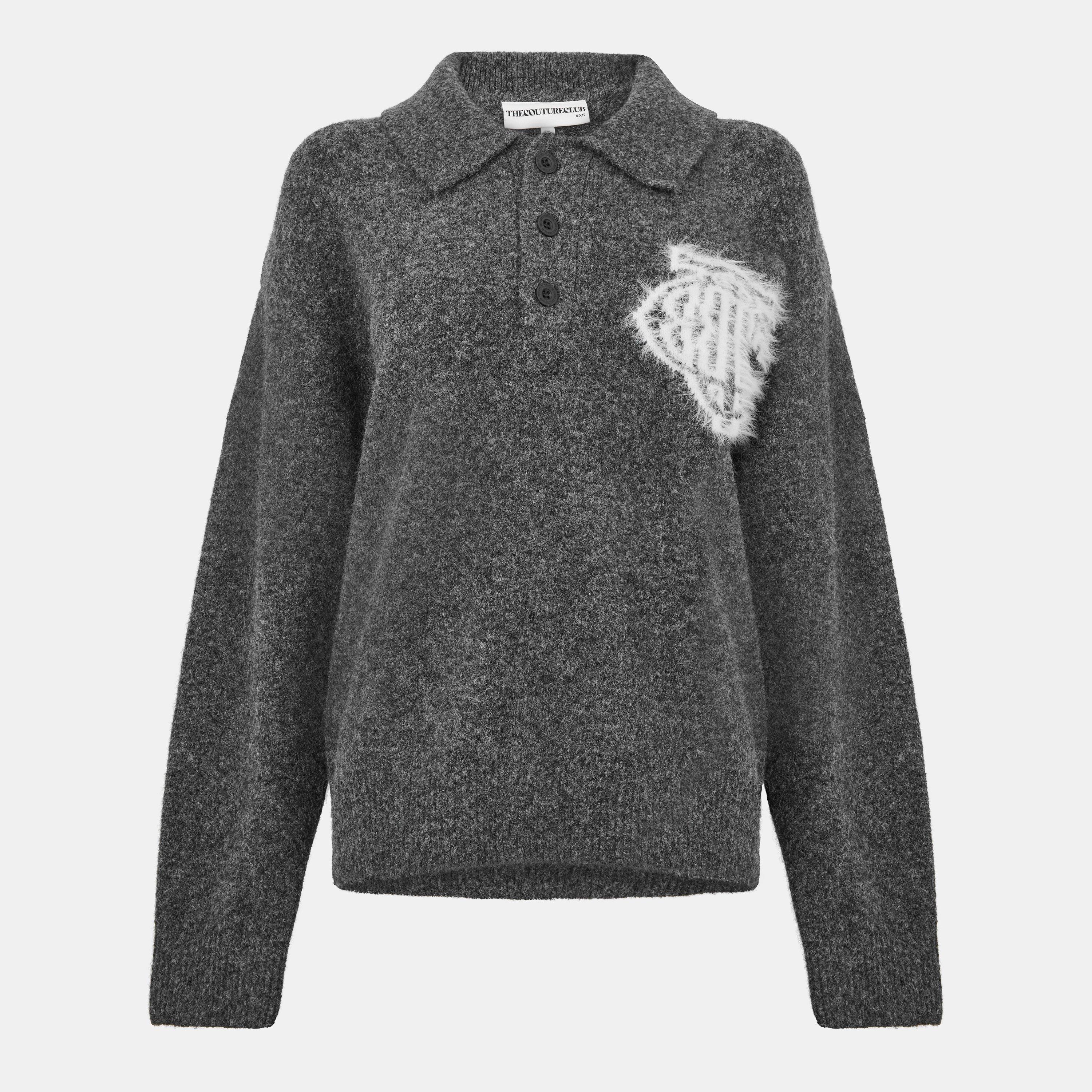 Charcoal - The Couture Club - Women's Fluffy Knitted Long Sleeve Polo Shirt - 1
