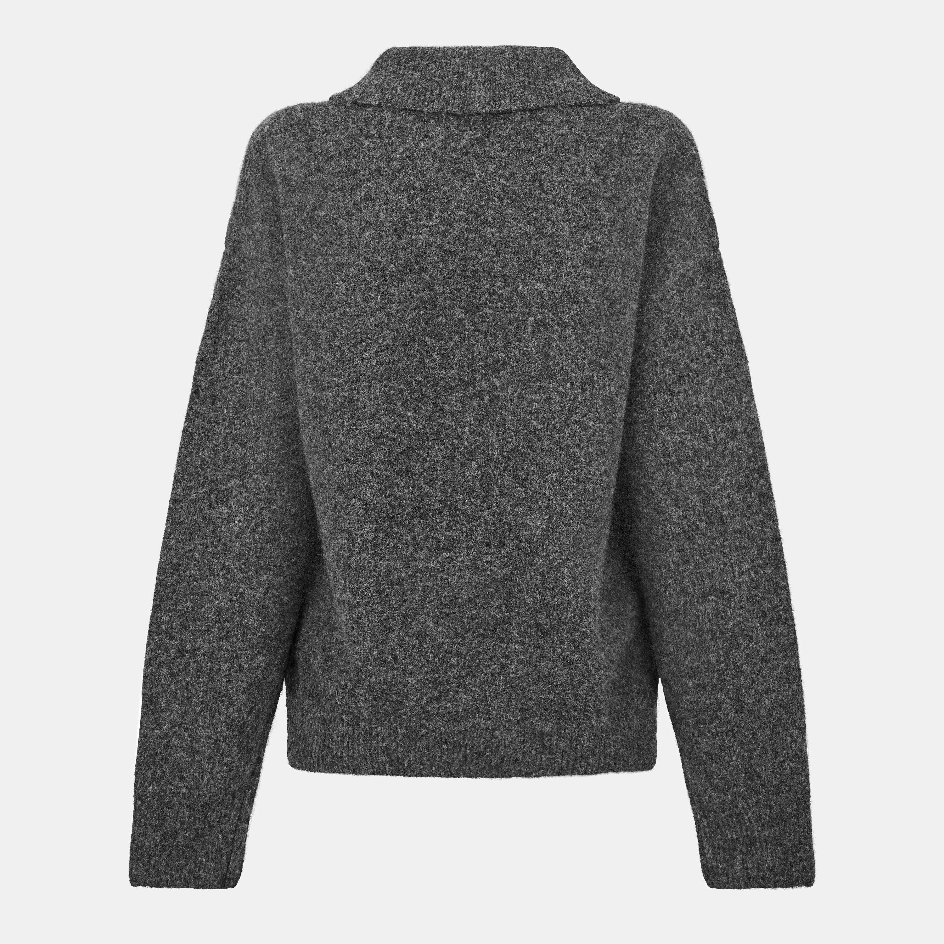 Charcoal - The Couture Club - Women's Fluffy Knitted Long Sleeve Polo Shirt - 2