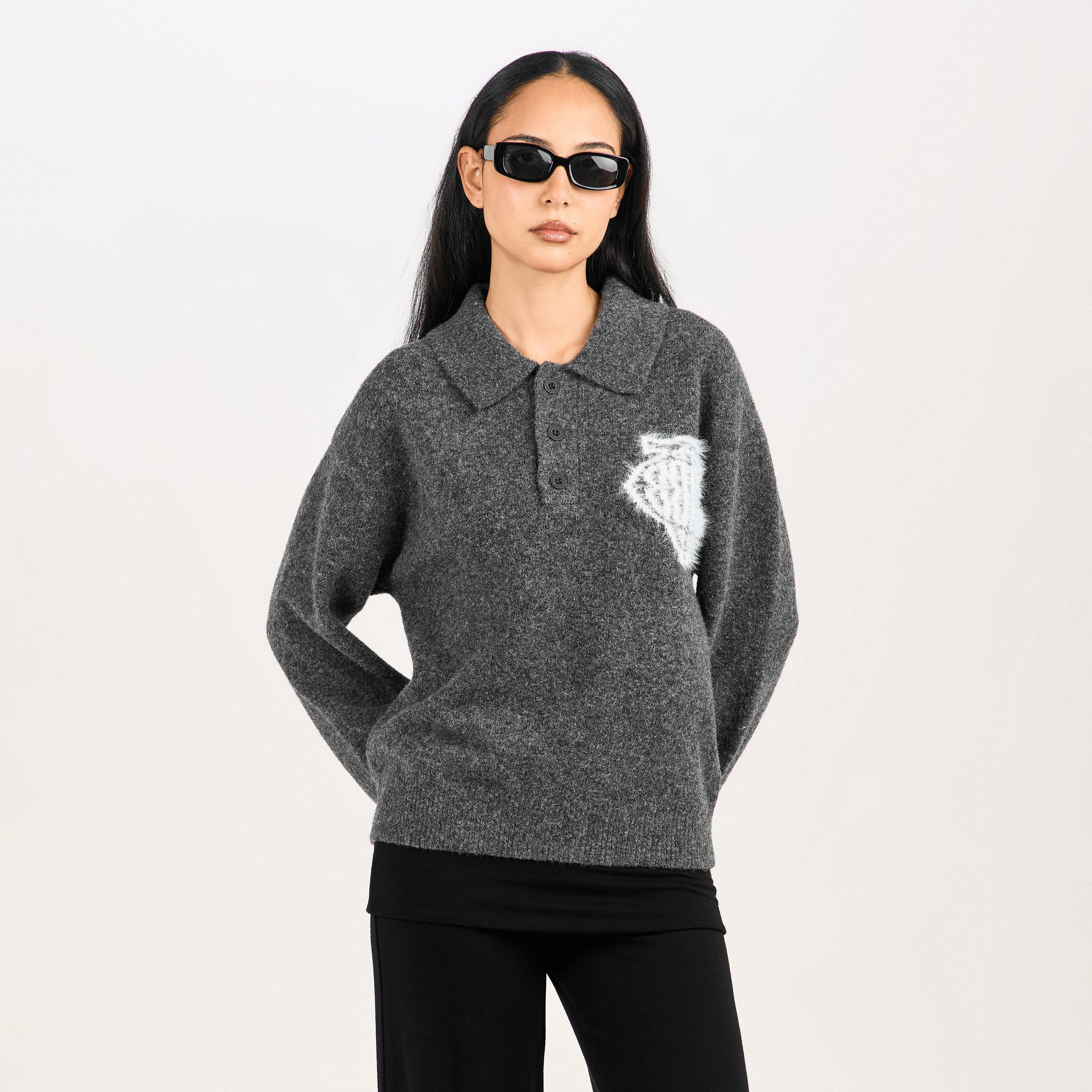Charcoal - The Couture Club - Women's Fluffy Knitted Long Sleeve Polo Shirt - 3