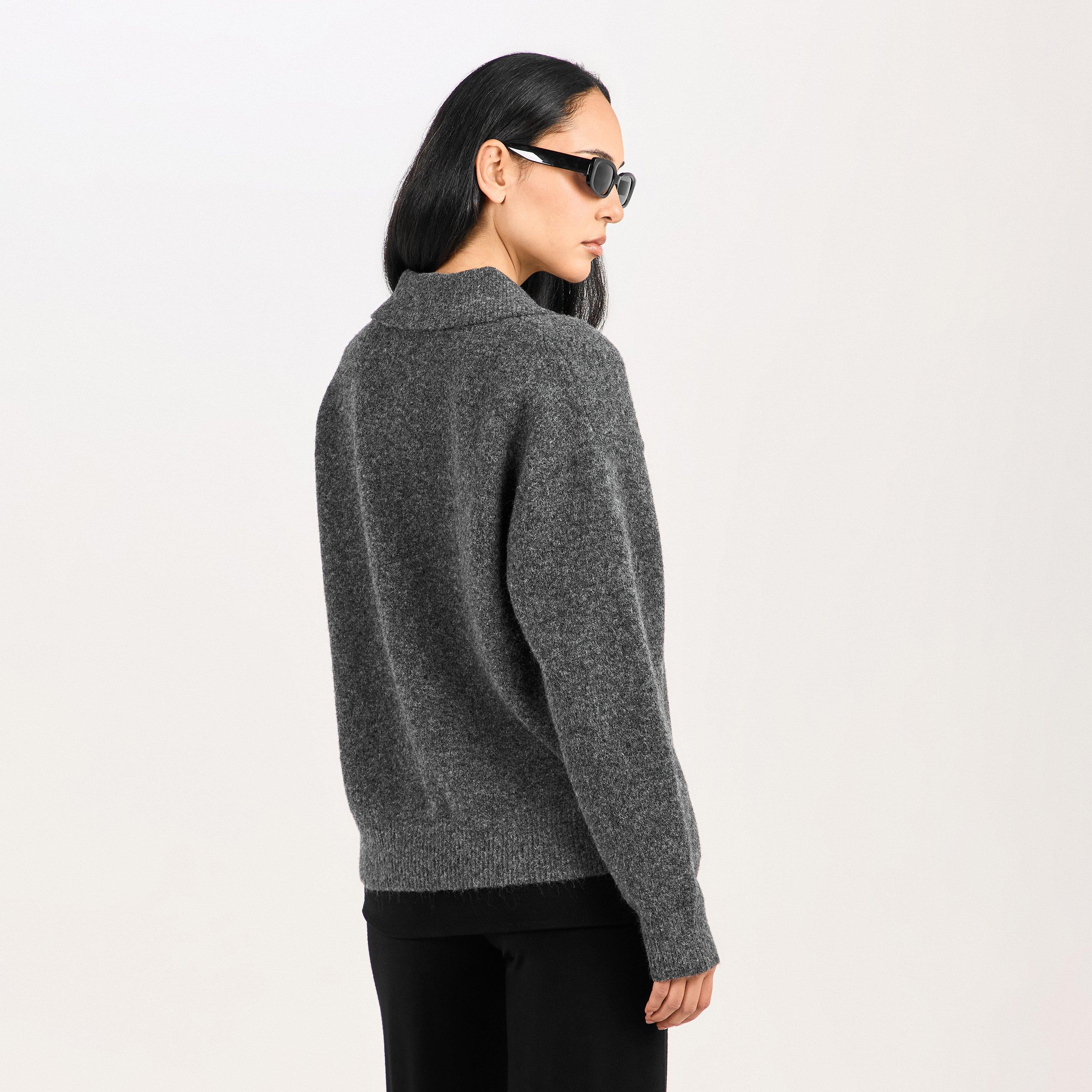 Charcoal - The Couture Club - Women's Fluffy Knitted Long Sleeve Polo Shirt - 4