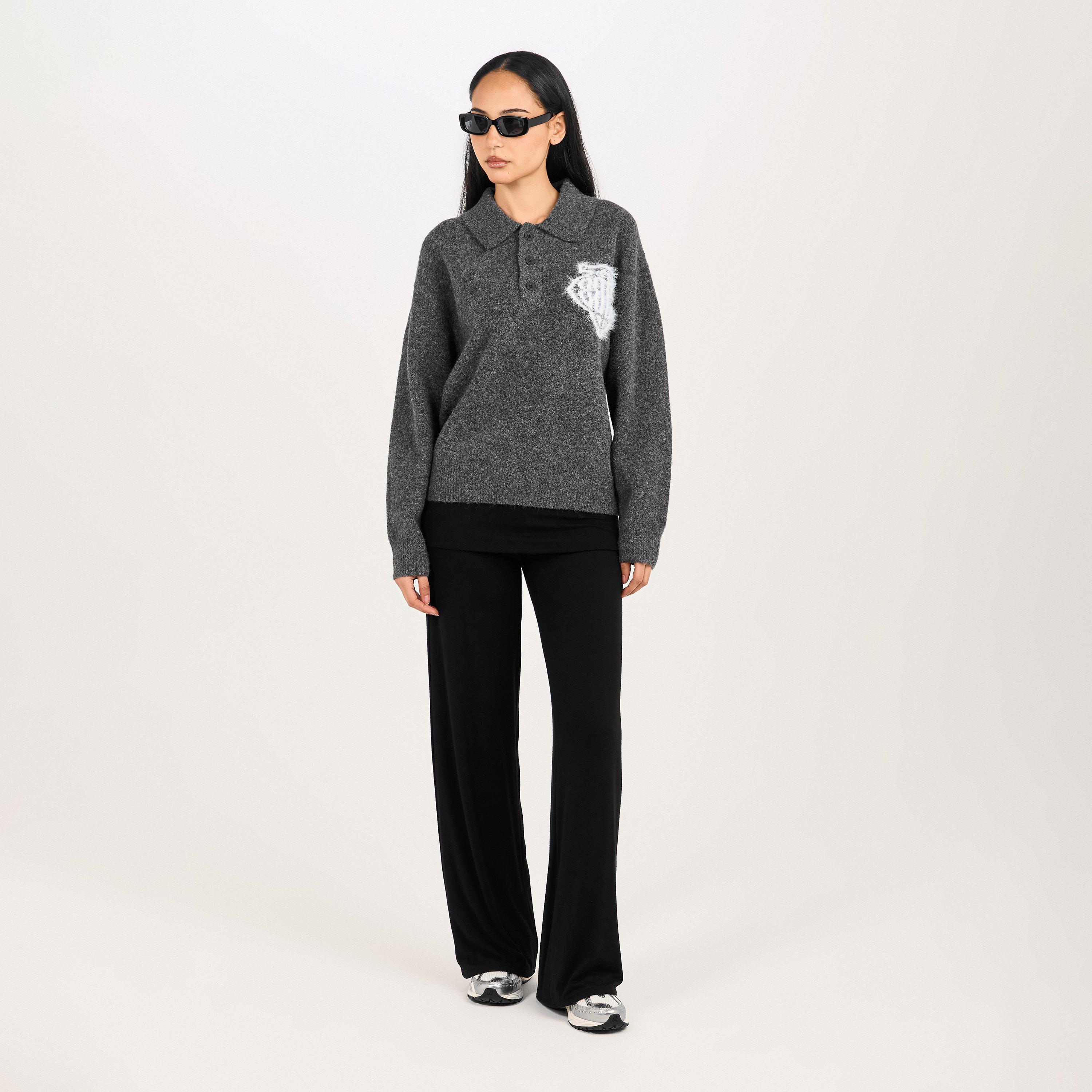 Charcoal - The Couture Club - Women's Fluffy Knitted Long Sleeve Polo Shirt - 6