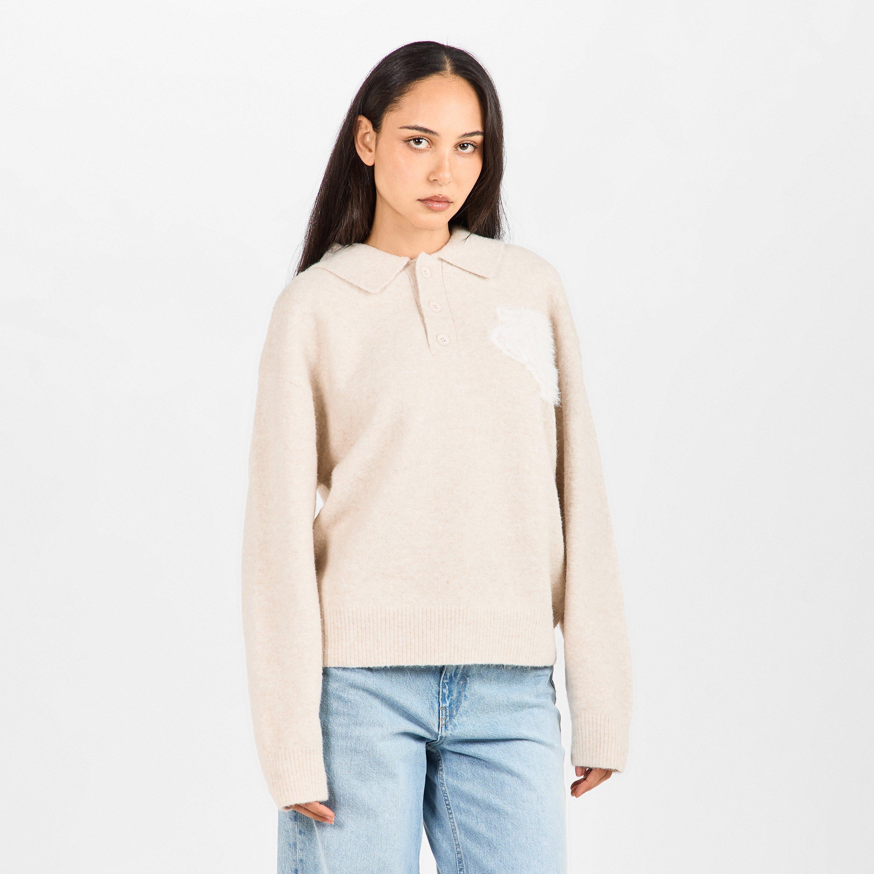 Beige - The Couture Club - Women's Fluffy Knitted Long Sleeve Polo Shirt - 3