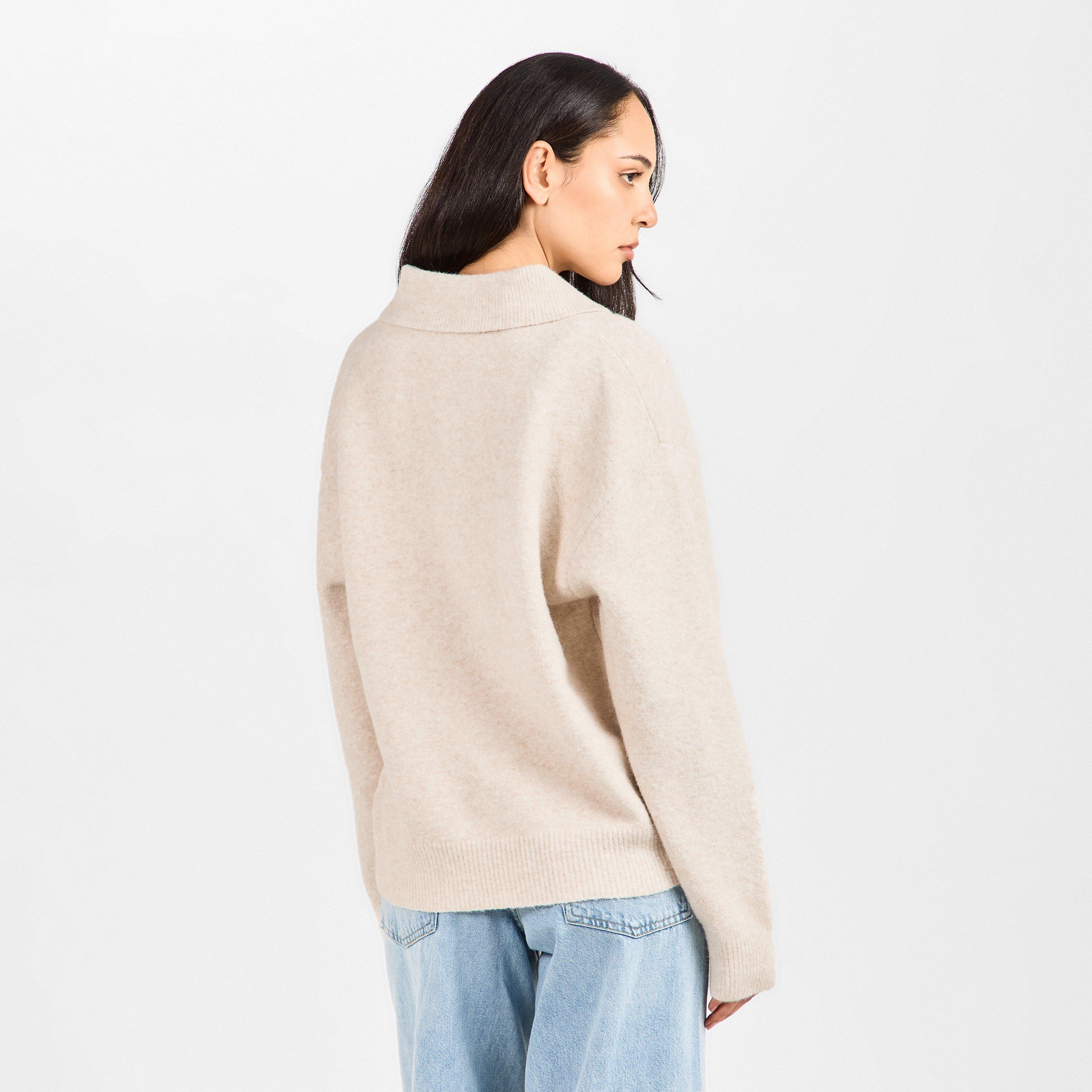 Beige - The Couture Club - Women's Fluffy Knitted Long Sleeve Polo Shirt - 4