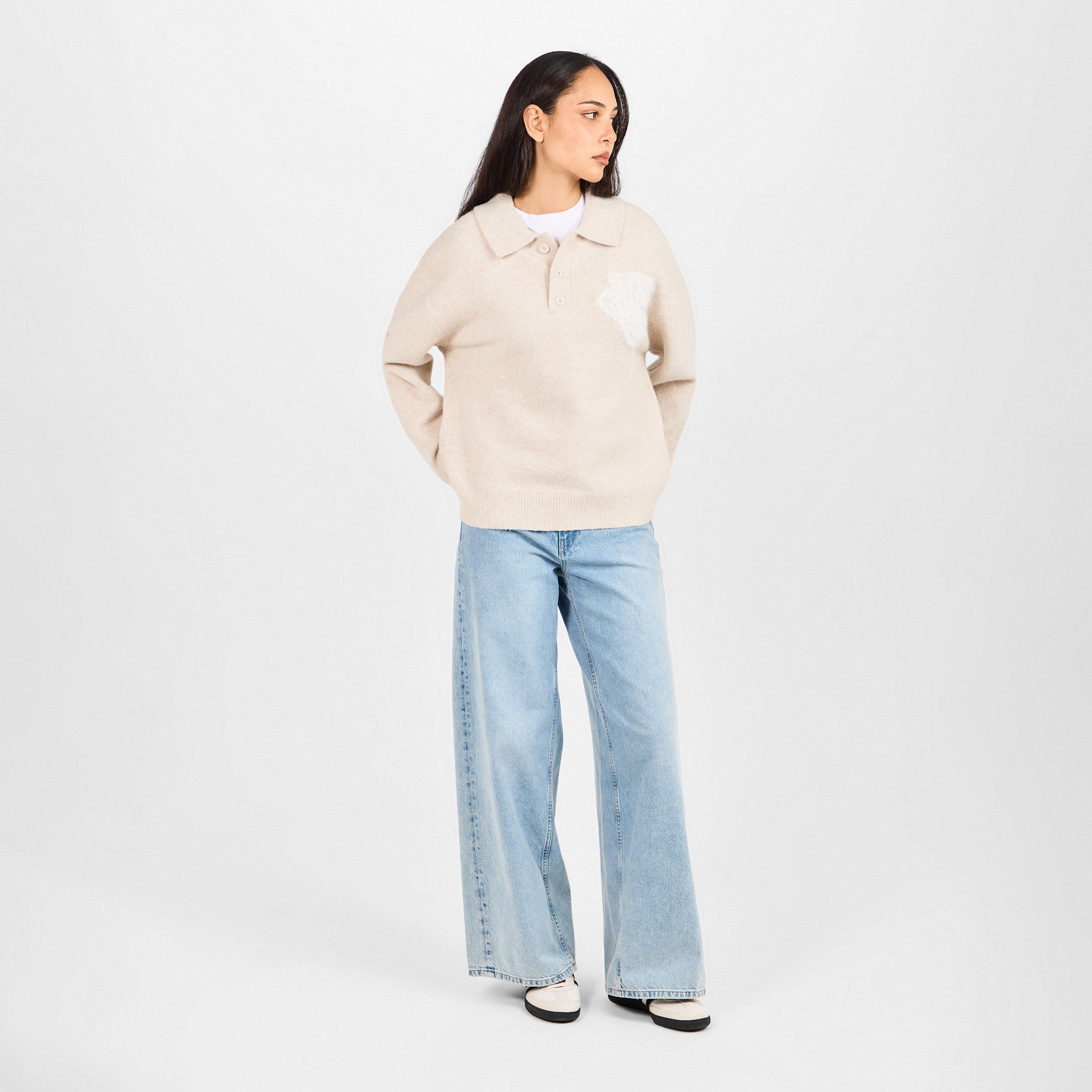 Beige - The Couture Club - Women's Fluffy Knitted Long Sleeve Polo Shirt - 6