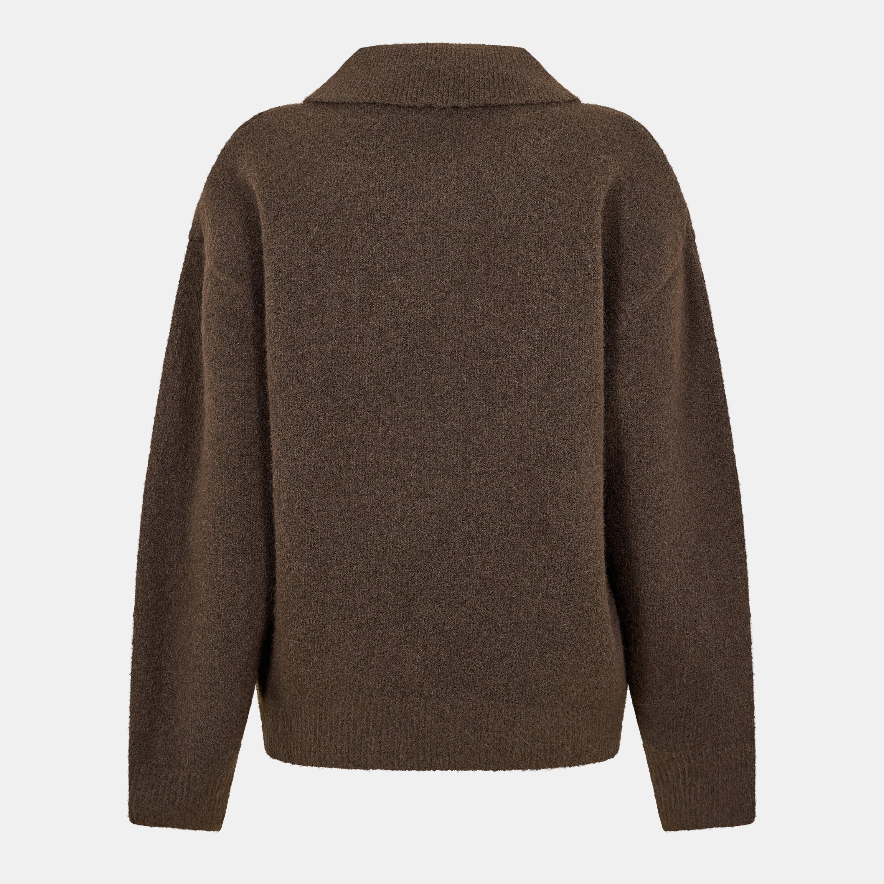 Brown - The Couture Club - Women's Fluffy Knitted Long Sleeve Polo Shirt - 2