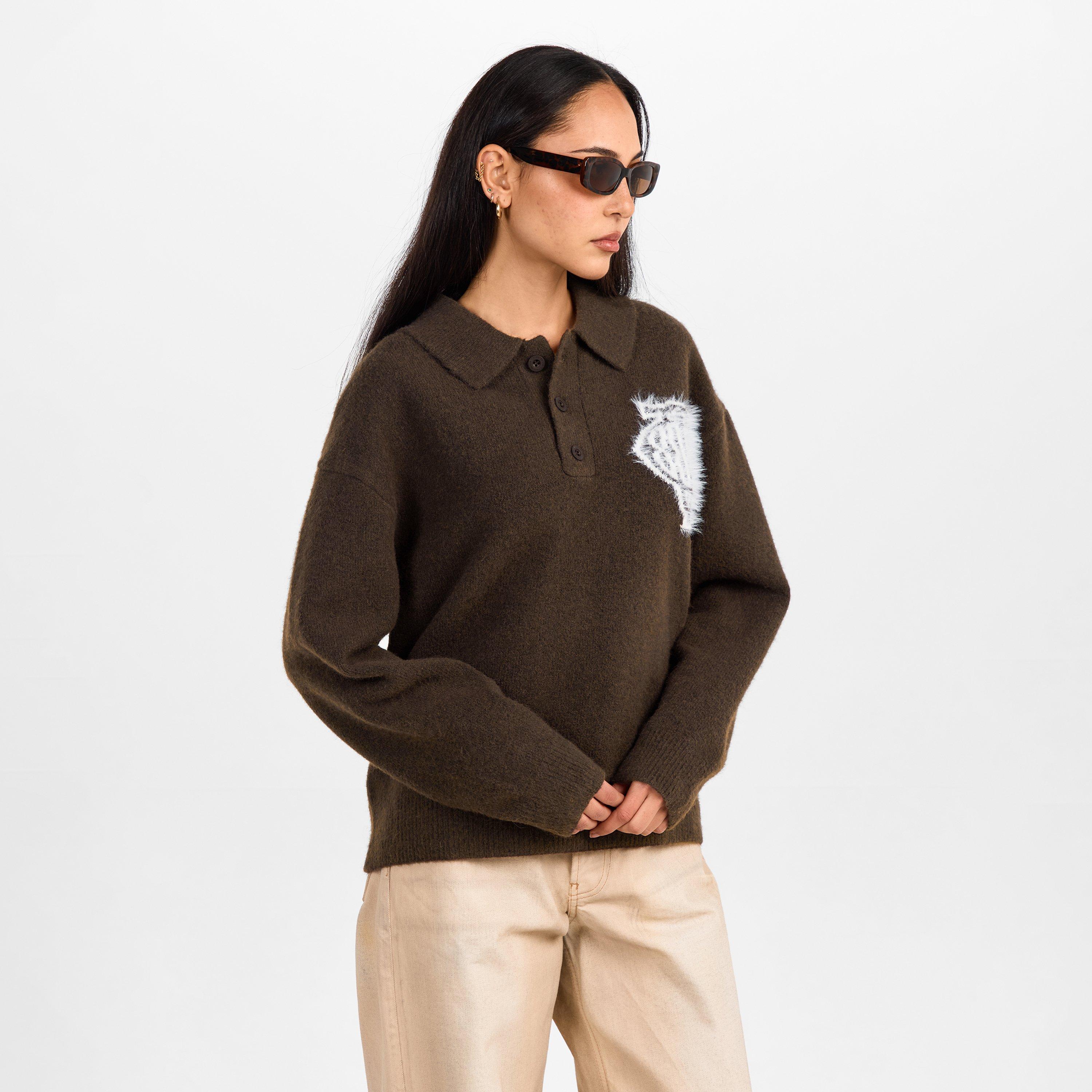 Brown - The Couture Club - Women's Fluffy Knitted Long Sleeve Polo Shirt - 3