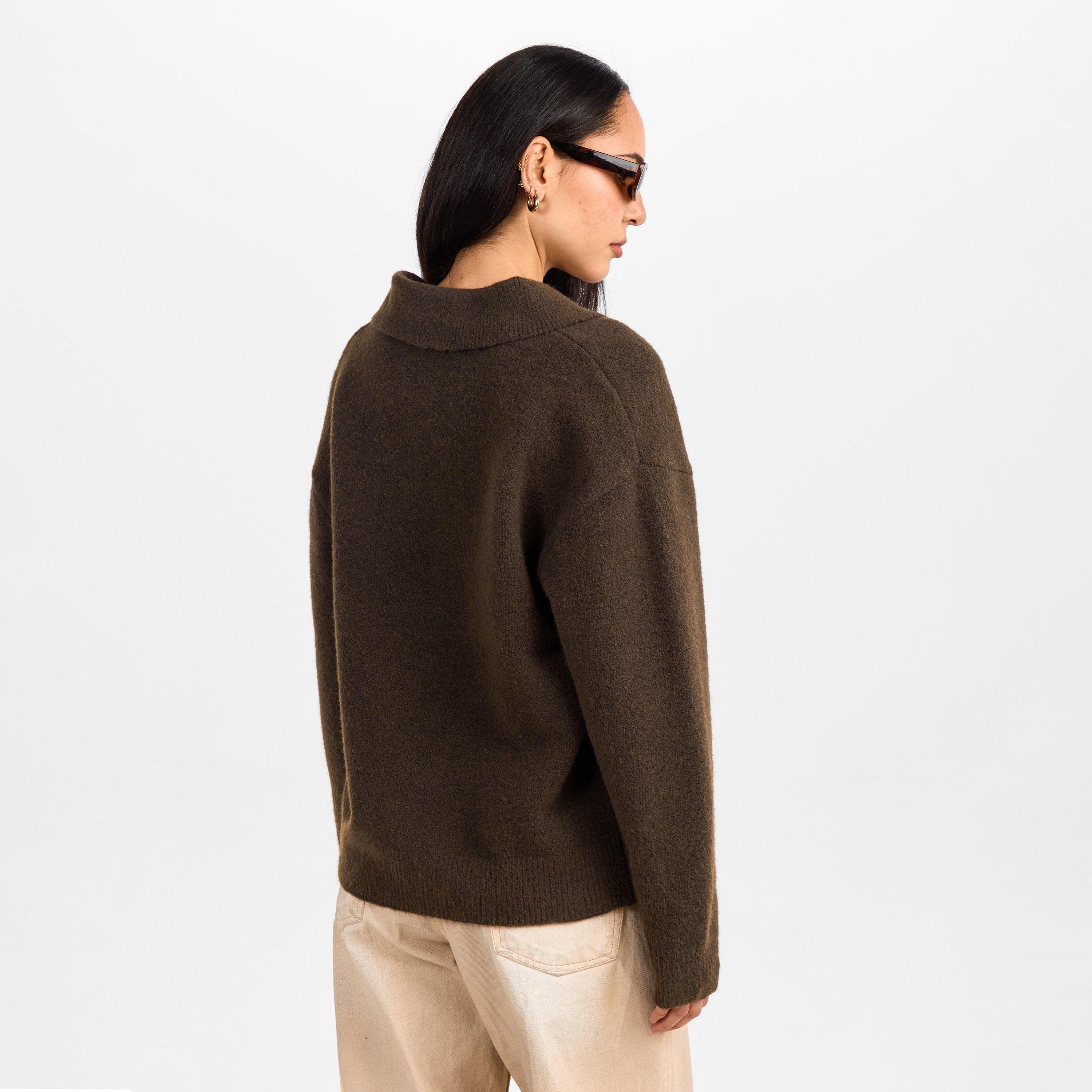 Brown - The Couture Club - Women's Fluffy Knitted Long Sleeve Polo Shirt - 4