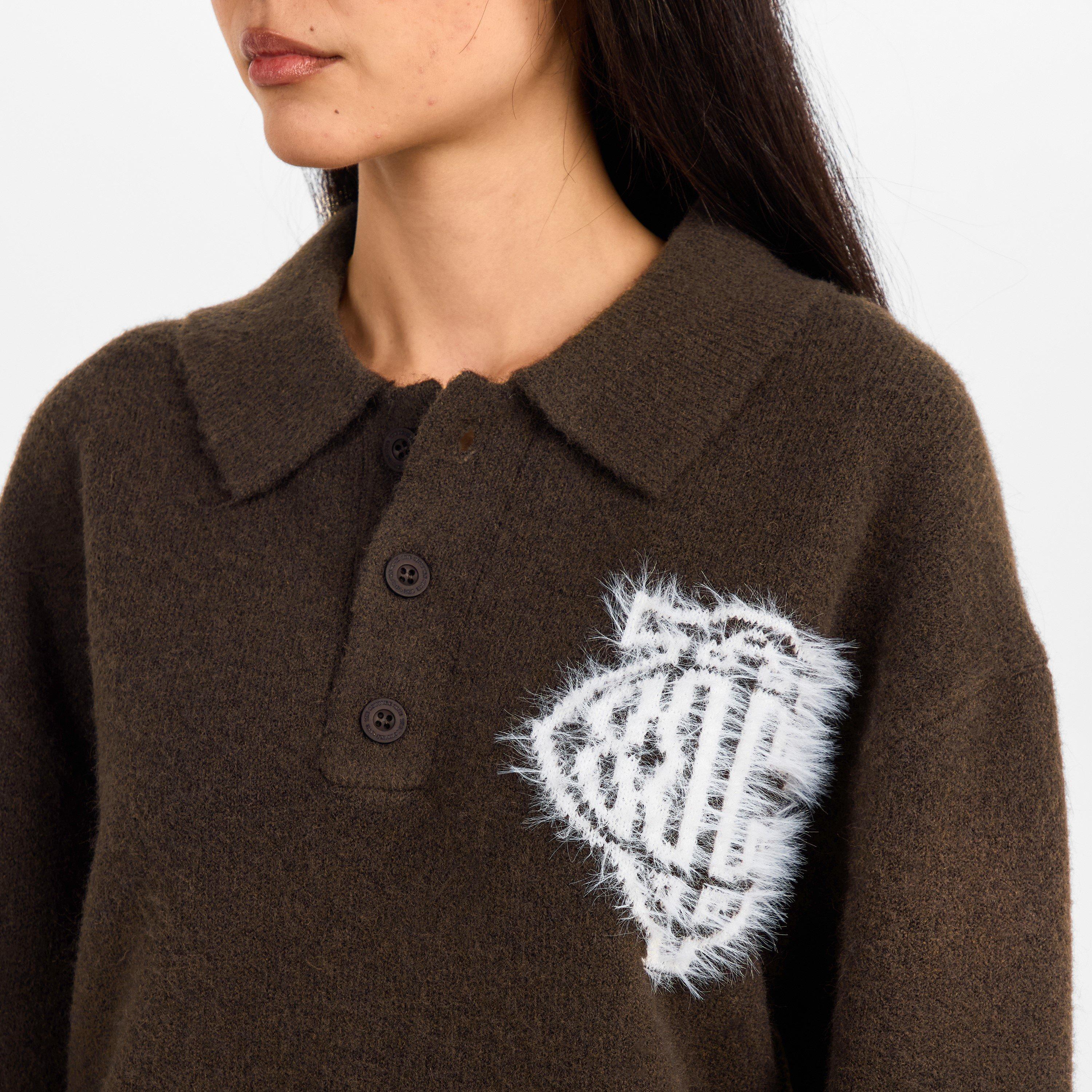 Brown - The Couture Club - Women's Fluffy Knitted Long Sleeve Polo Shirt - 5