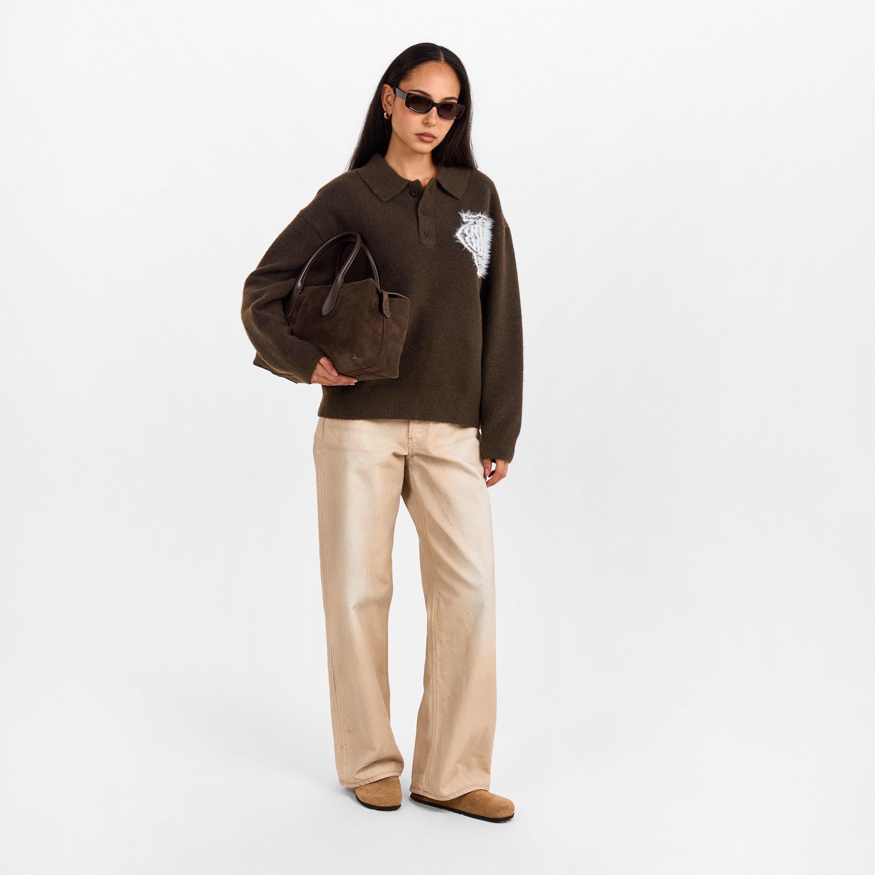 Brown - The Couture Club - Women's Fluffy Knitted Long Sleeve Polo Shirt - 6