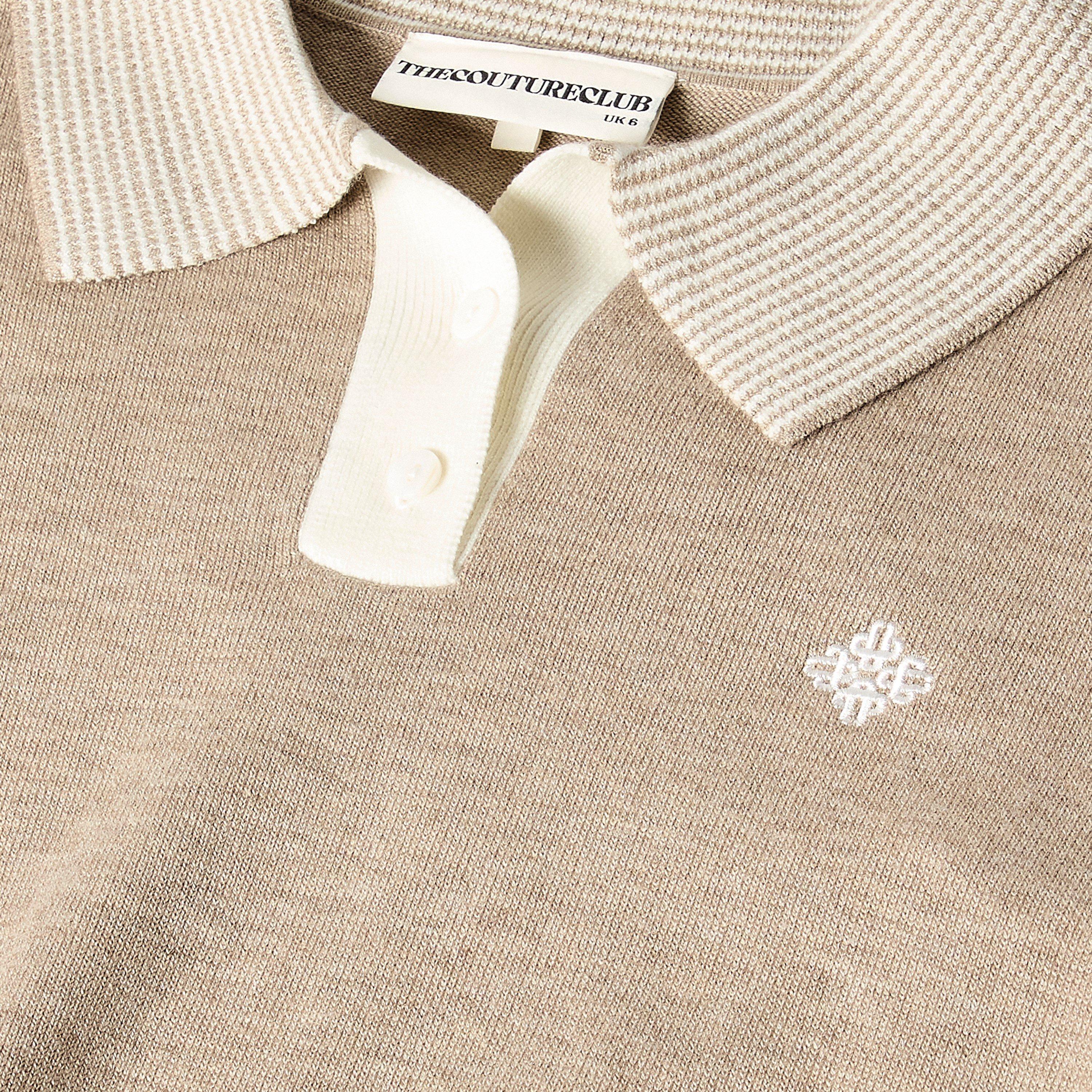 Beige - The Couture Club - Womens Striped Collar Polo Shirt - 5