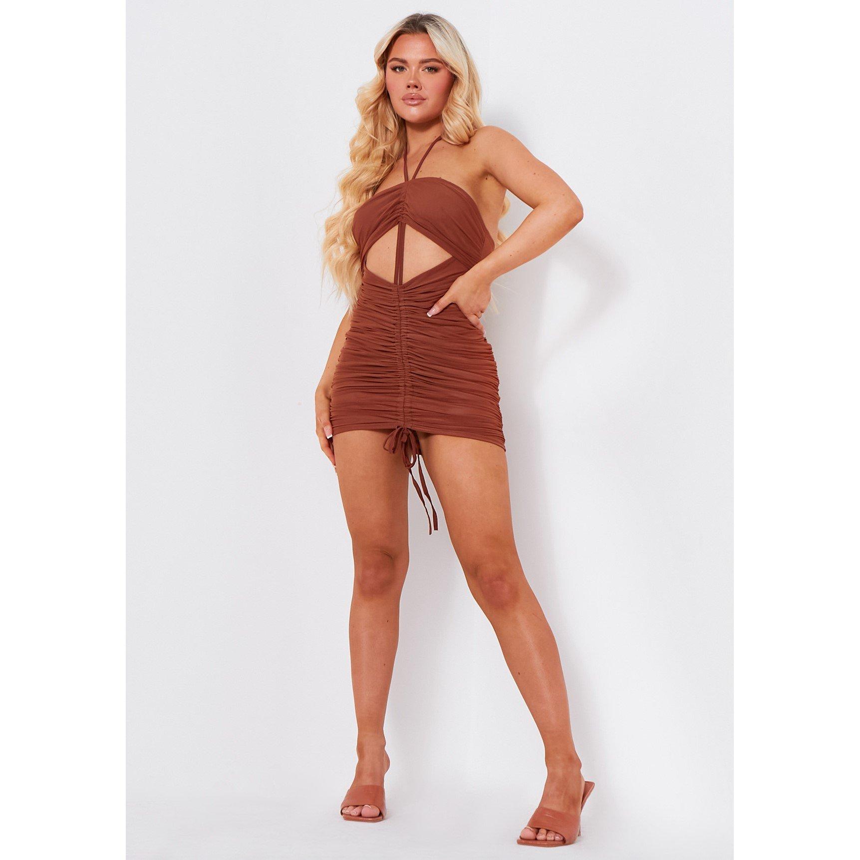 Missy Empire Women's Halterneck Ruched Mesh Dress - Chocolate - 6 (2XS)