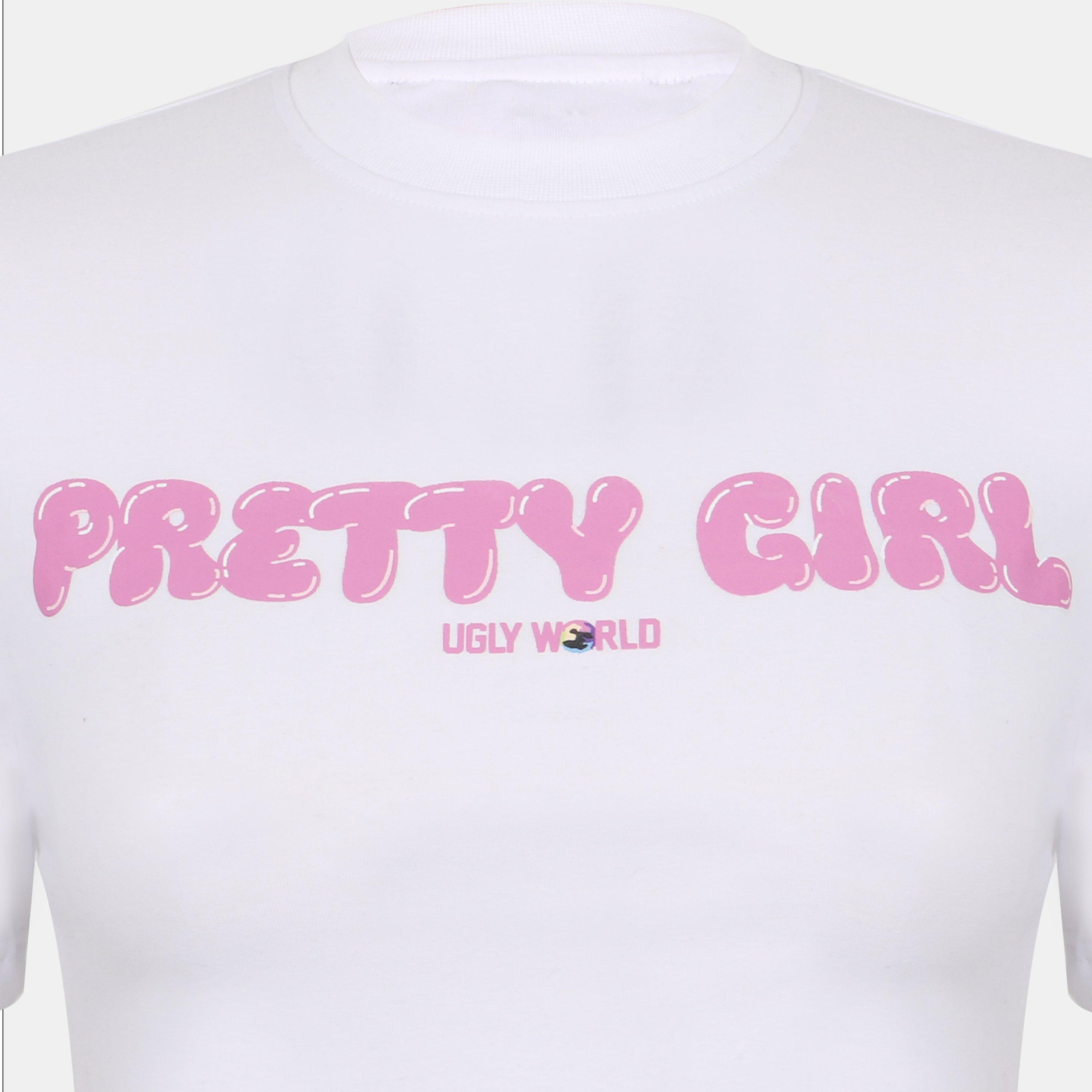 White/Pink - Pretty Boy Ugly World - Women's Cotton Short Sleeve Slim Fit Baby Tee - 3