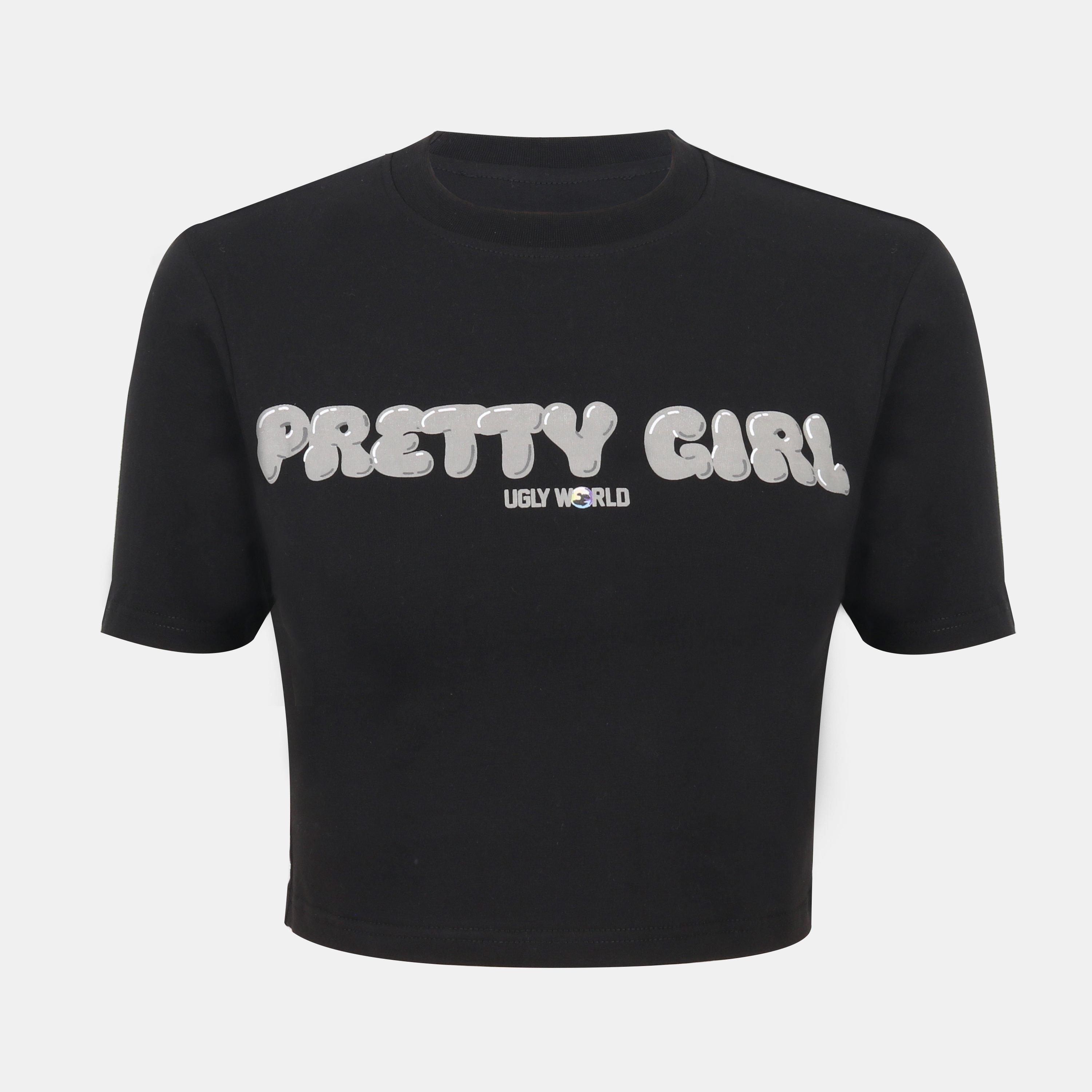 Black/Grey - Pretty Boy Ugly World - Women's Cotton Short Sleeve Slim Fit Baby Tee - 1