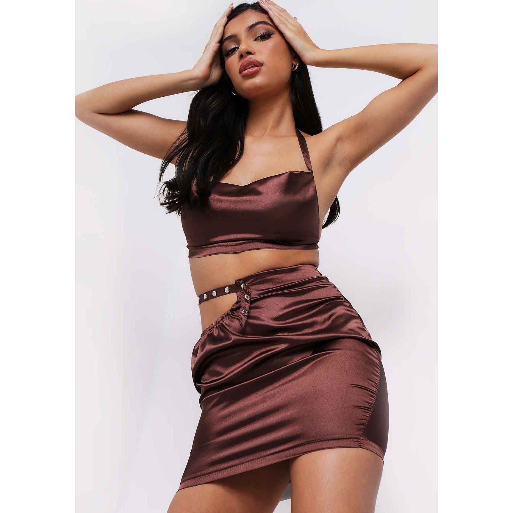 Chocolate - Missy Empire - Satin Metal Strap Skirt