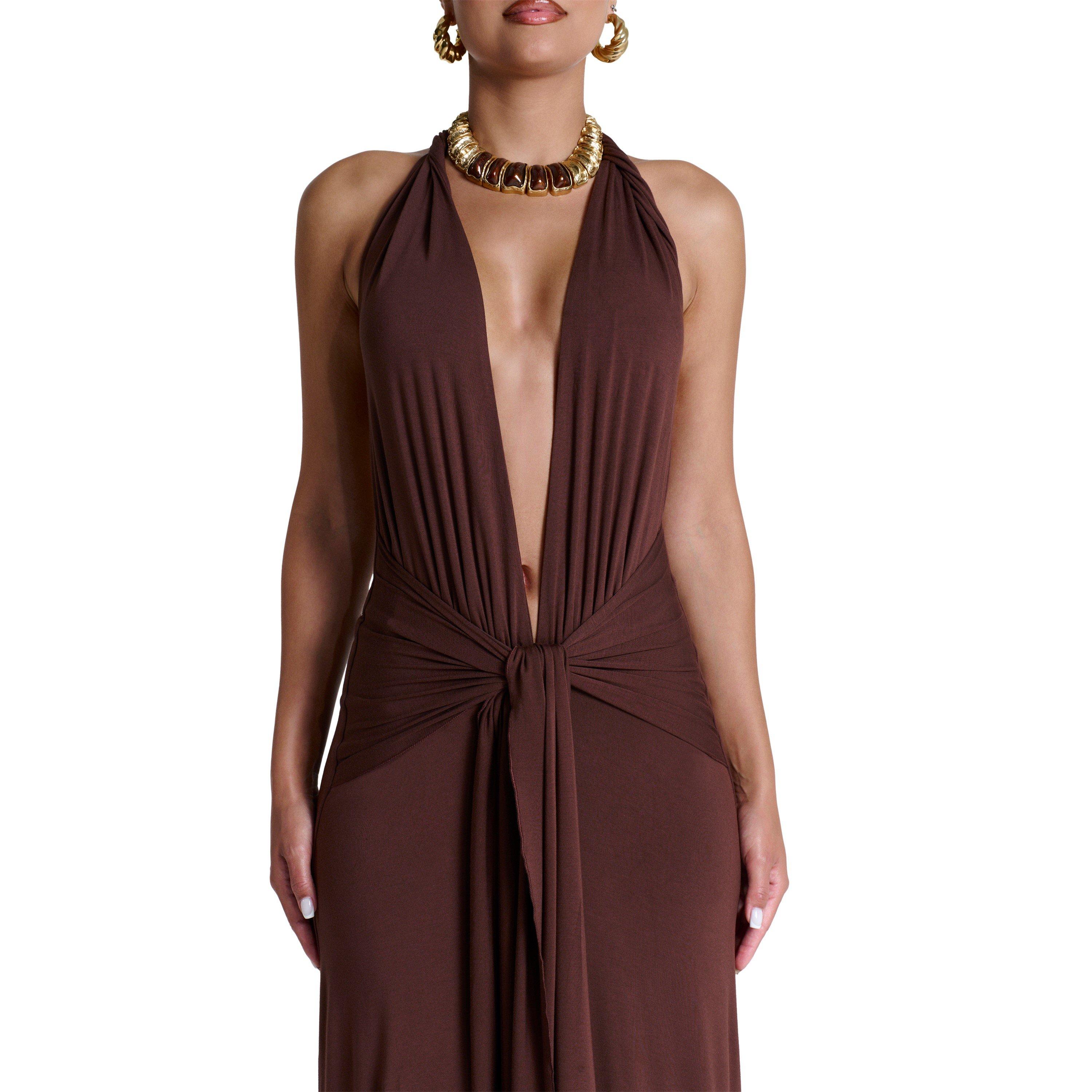 Chocolate - Naked Wardrobe - Smooth Halter Plunge Drape Tie Dress - 2