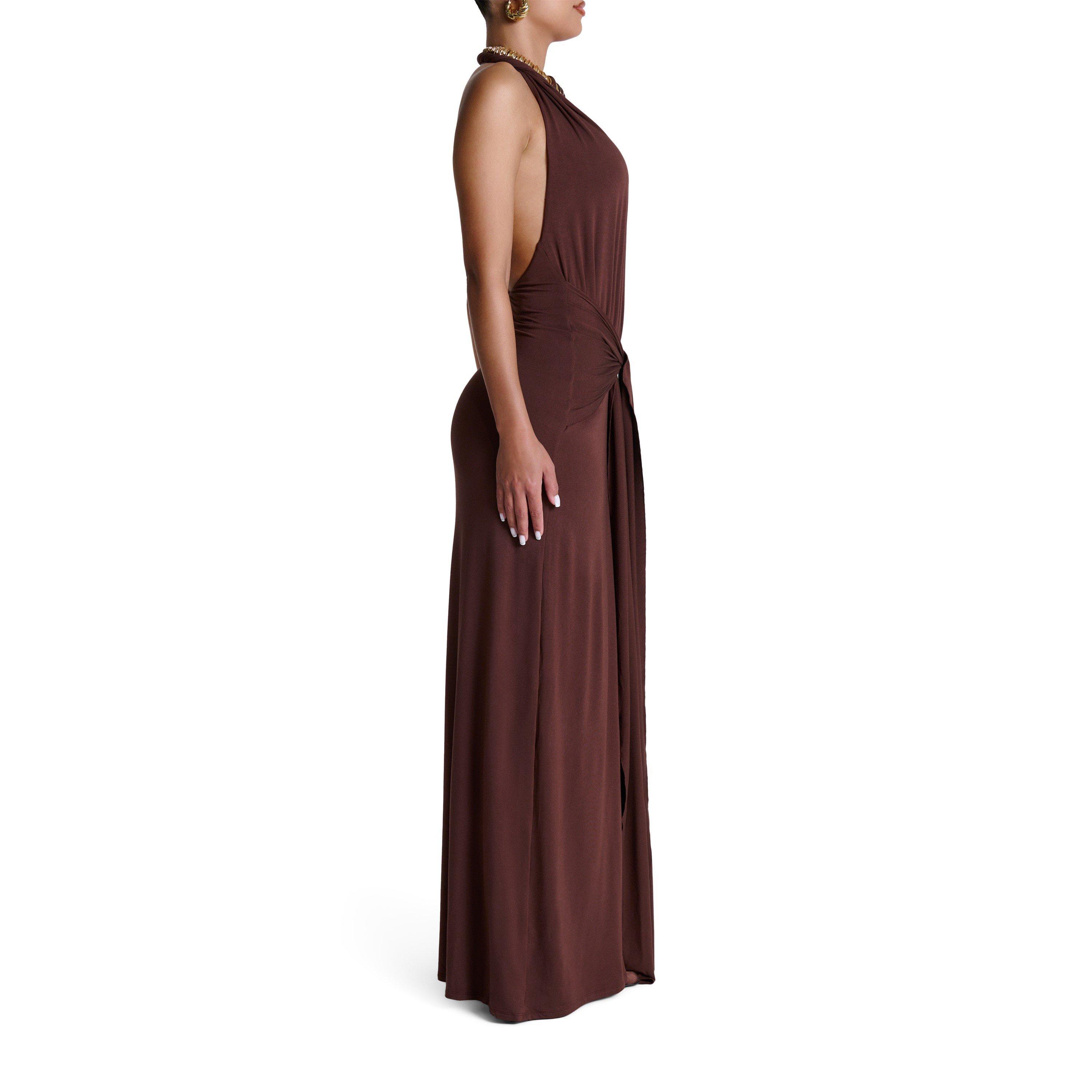 Chocolate - Naked Wardrobe - Smooth Halter Plunge Drape Tie Dress - 3