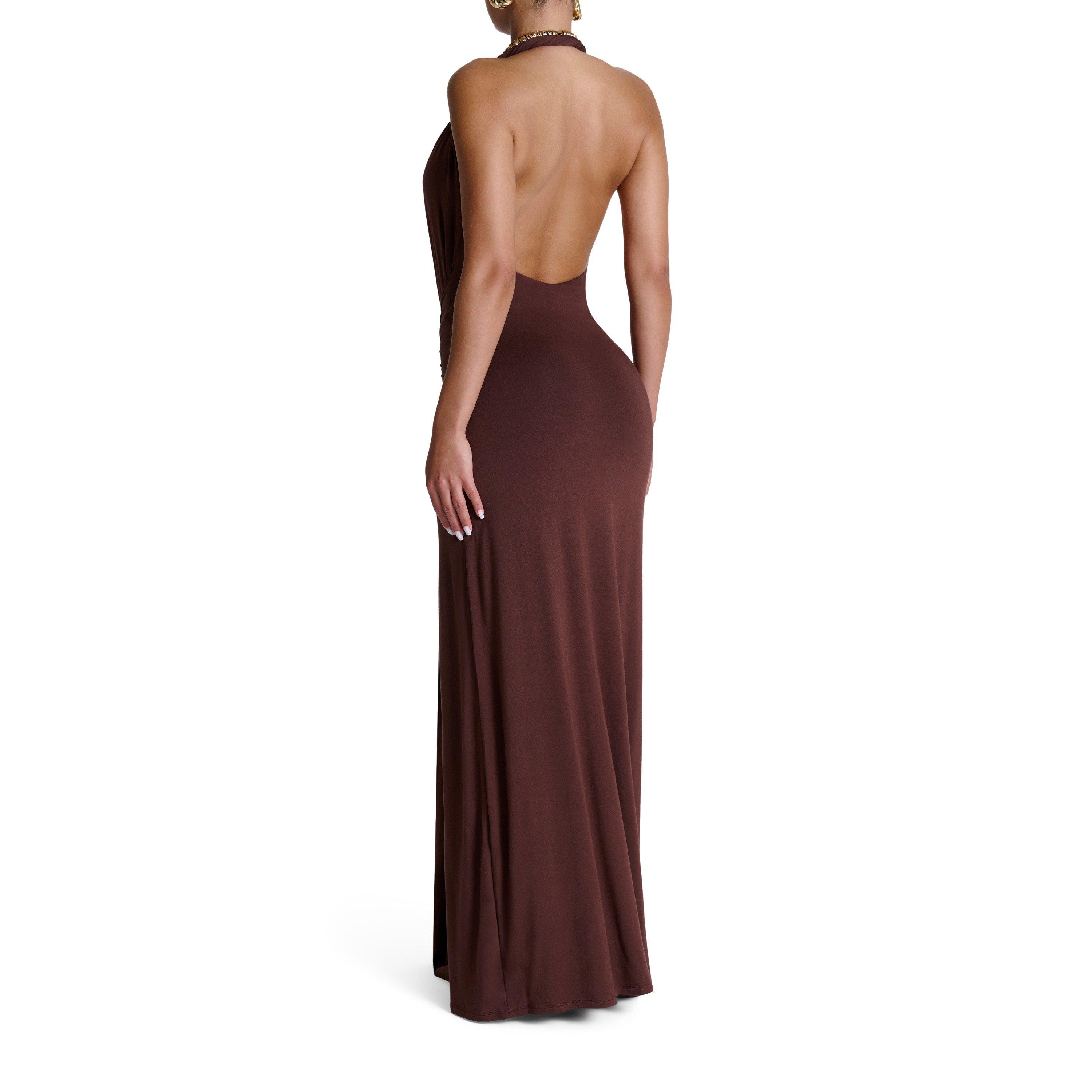 Chocolate - Naked Wardrobe - Smooth Halter Plunge Drape Tie Dress - 4