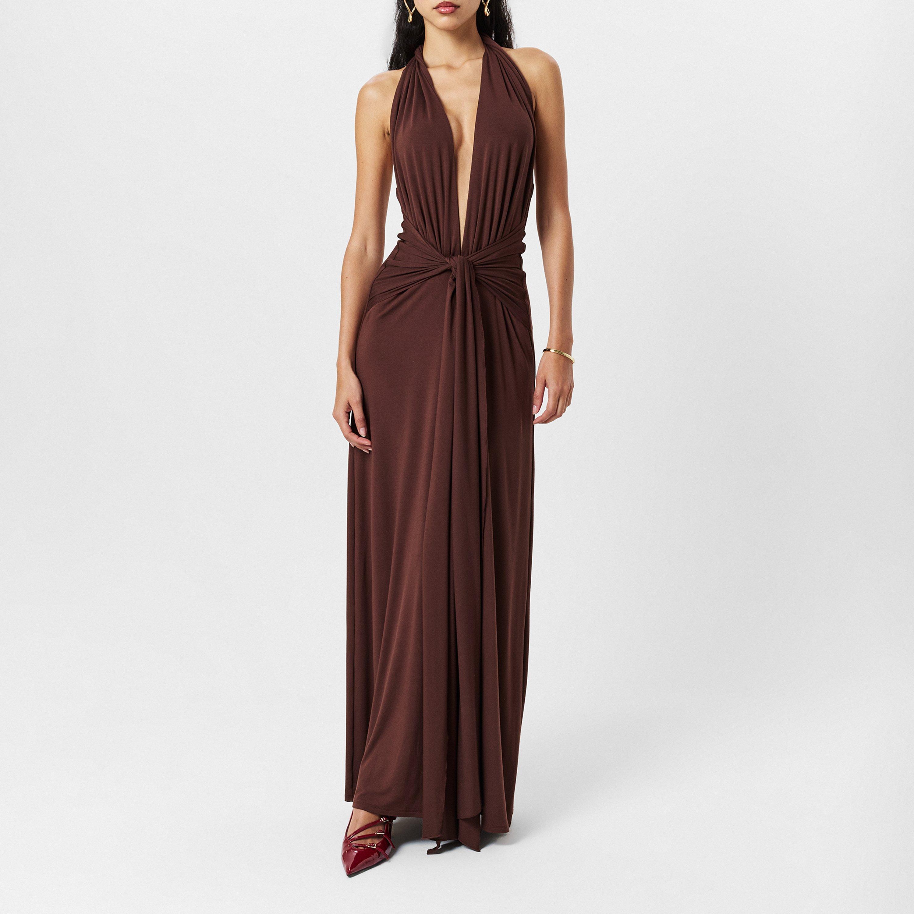 Chocolate - Naked Wardrobe - Smooth Halter Plunge Drape Tie Dress - 6