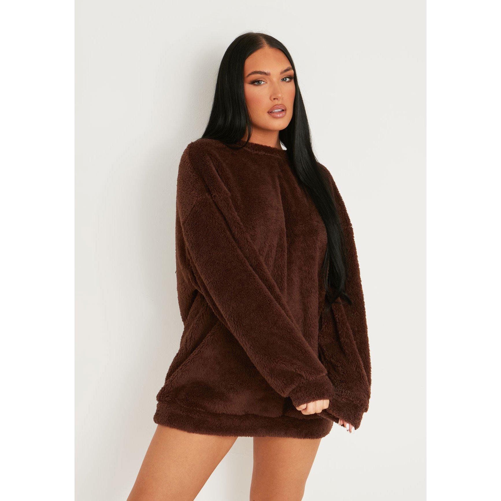 Chocolate - Missy Empire - Fluffy Borg V Back Jumper Dress