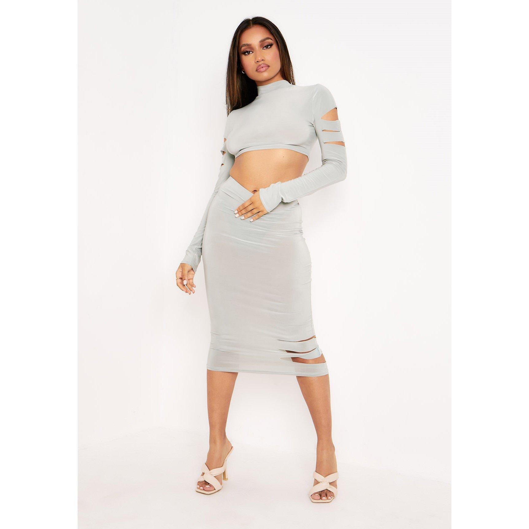 Sage - Missy Empire - Side Cut Out Midi Skirt