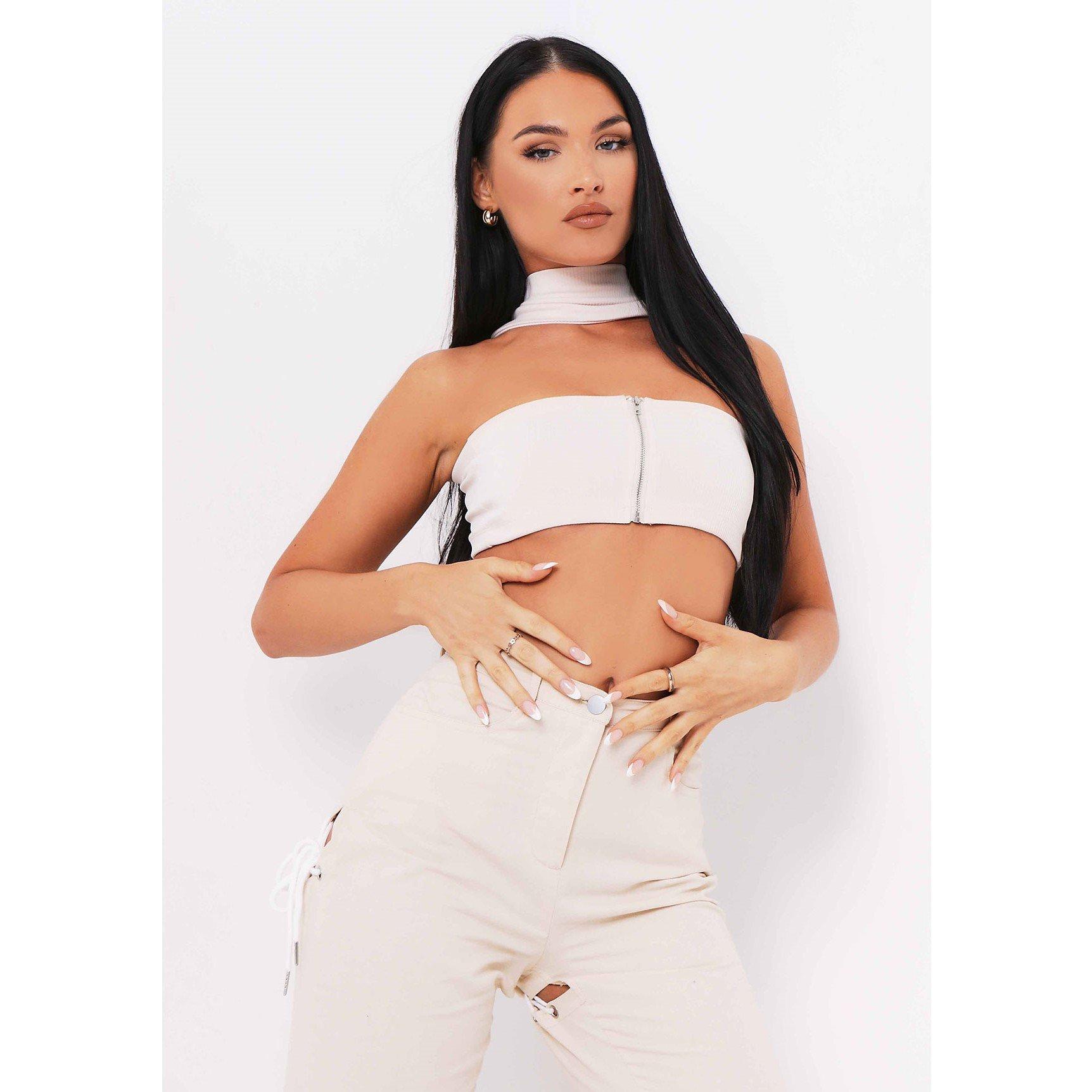 Missy Empire Women's Ribbed Knit Zip Bandeau Crop Top - Sand - 12 (M)