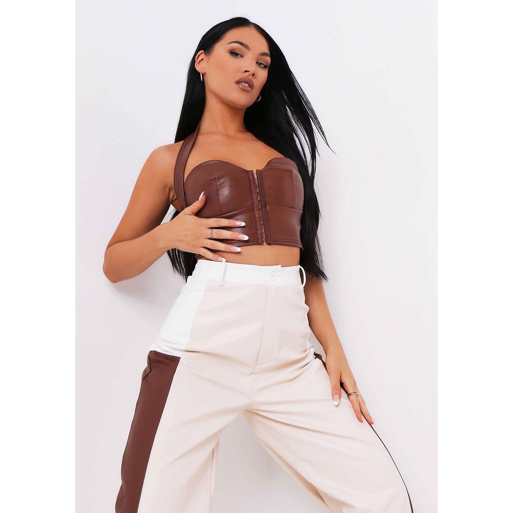 Chocolate - Missy Empire - PU Halterneck Crop Top