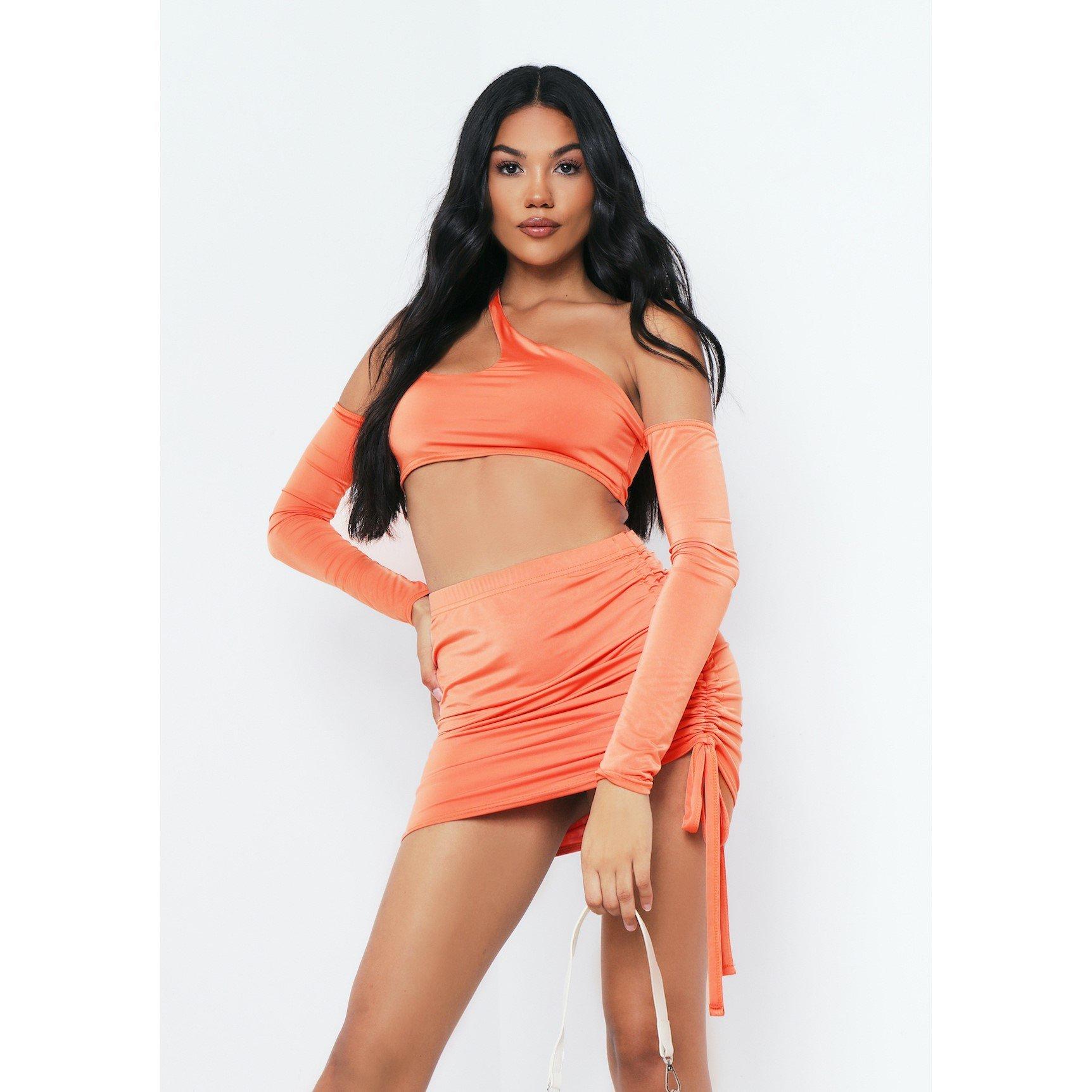 Orange - Missy Empire - One Shoulder Sleeves Crop Top