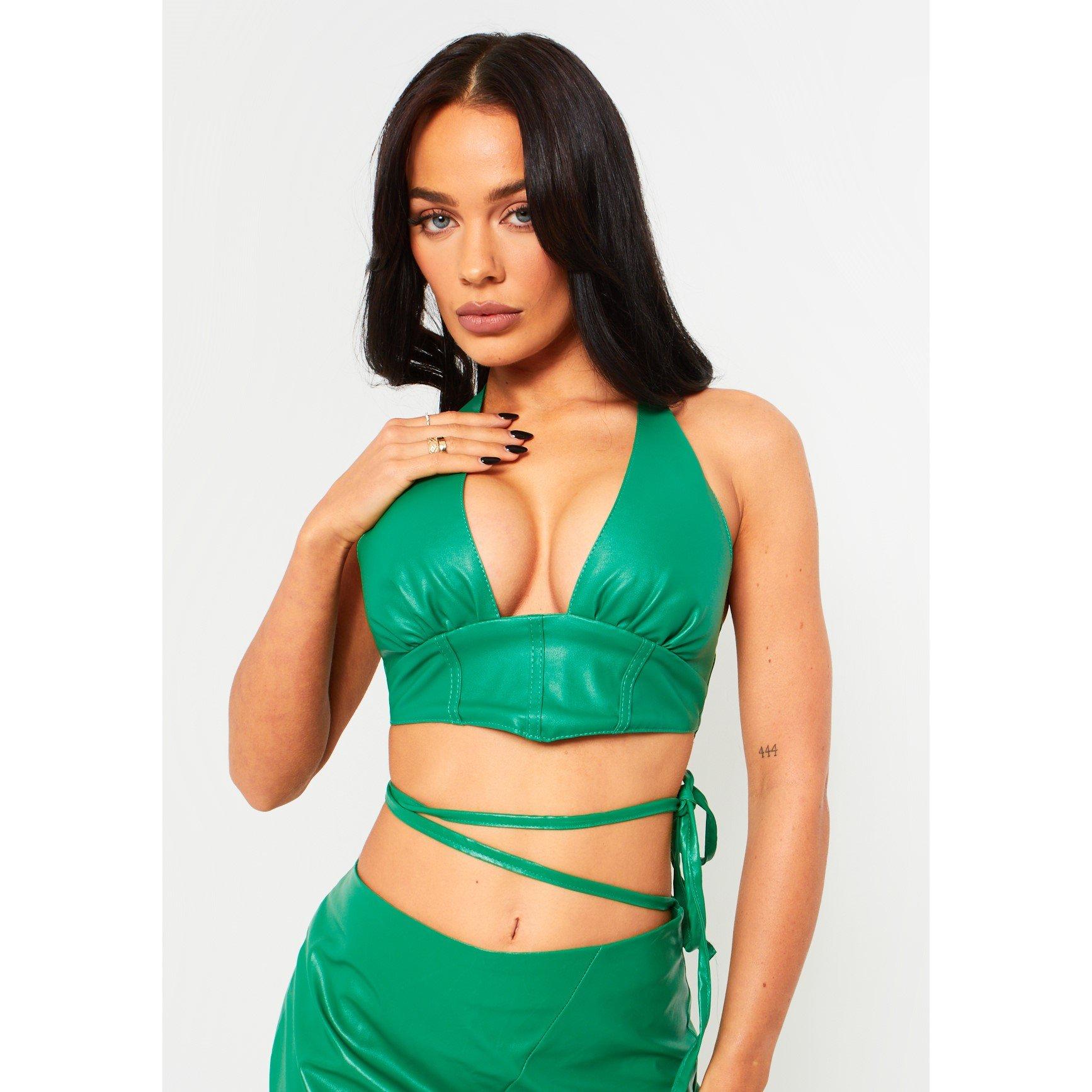 Green - Missy Empire - PU Cropped Corset Halterneck Top