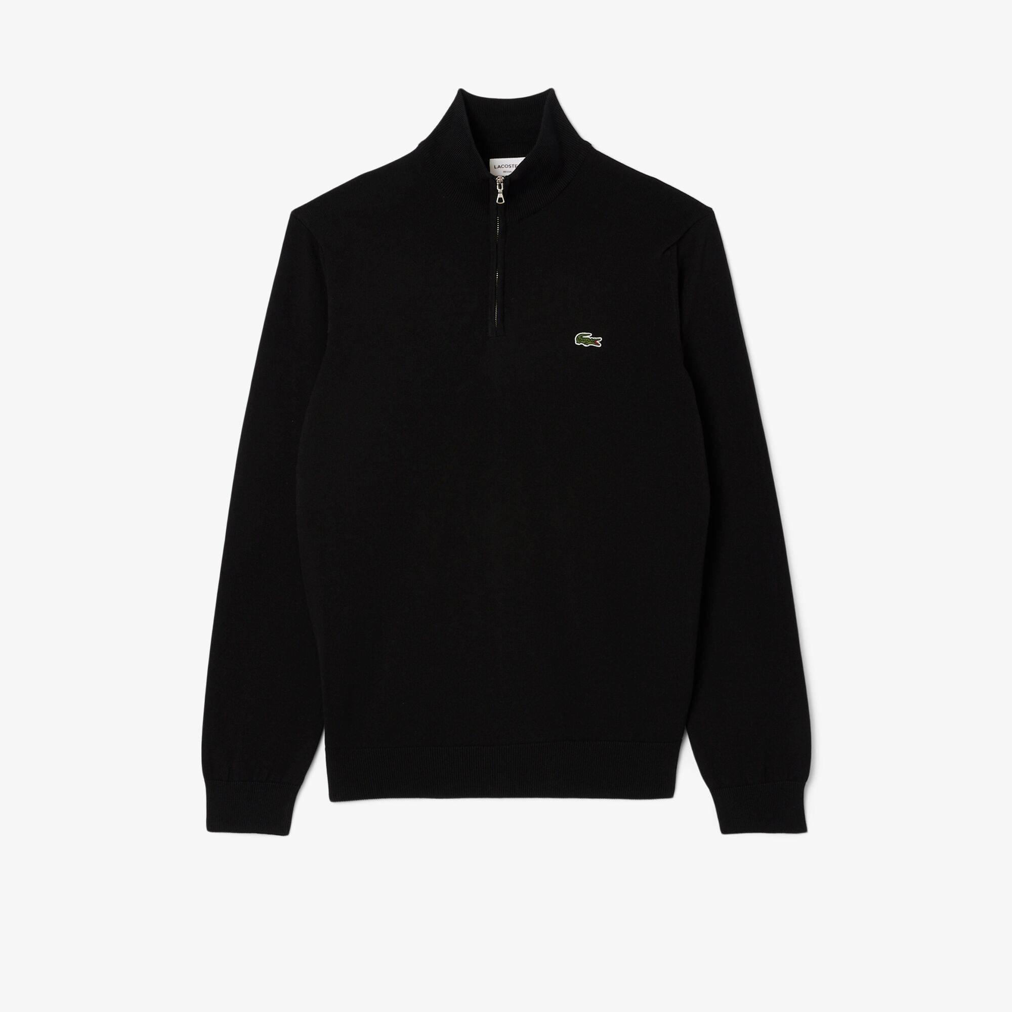 Black 031 - Lacoste - Men's Quarter Zip Cotton Fine Knit Crew Neck Jumper - 1
