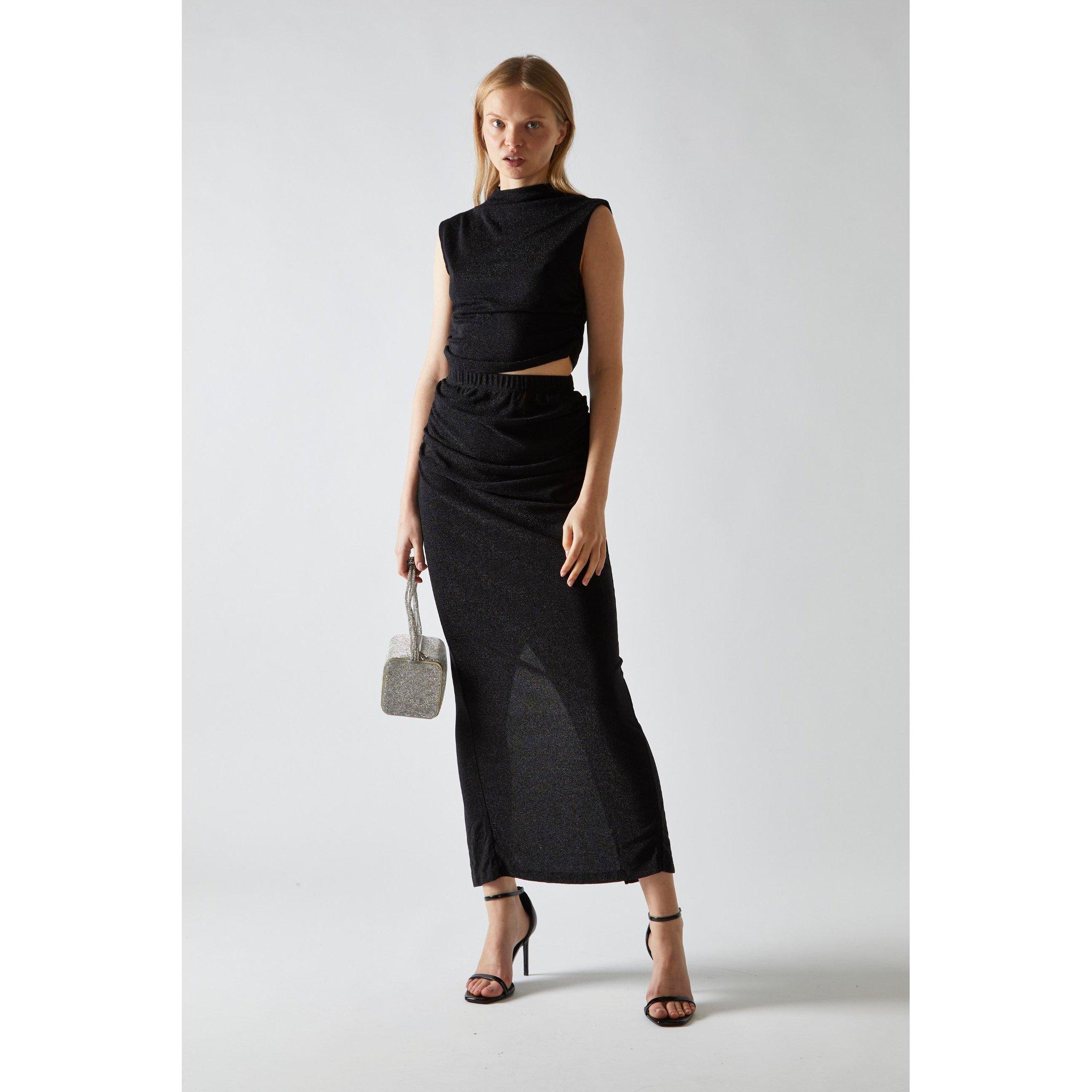 Zwart - Glamorous - Black-Glitter Ruched Midaxi-Skirt - 1