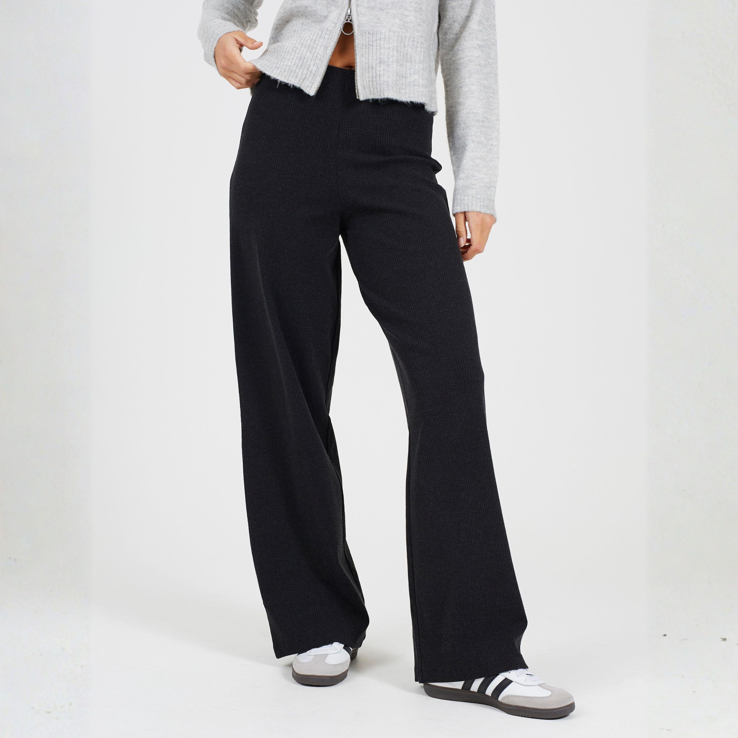 Charcoal Marl - Brave Soul - BS Womens Charcoal Ribbed Wide Leg Trousers - 1