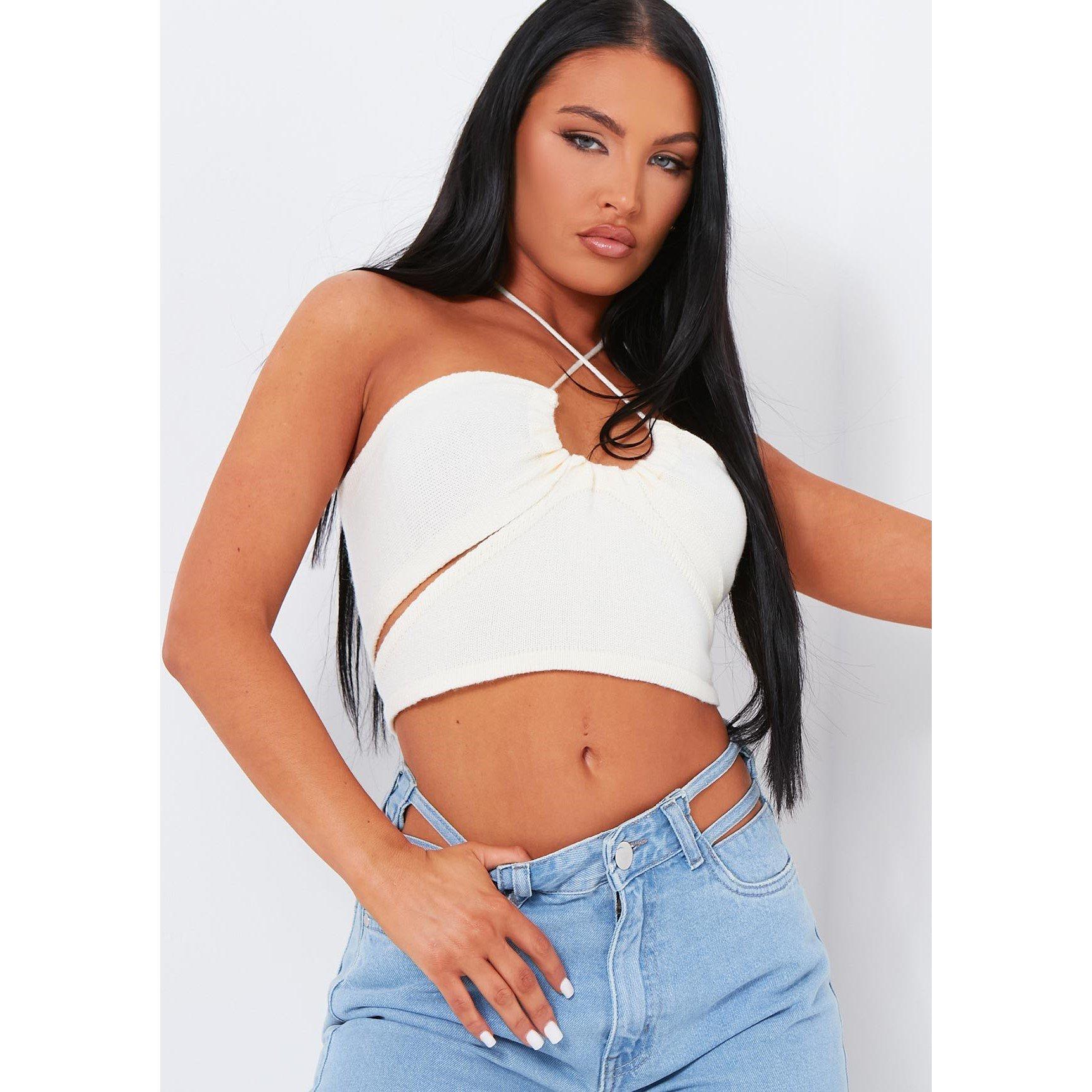 Missy Empire Women's Knit Cross Over Crop Top - Cream - 10 (S)